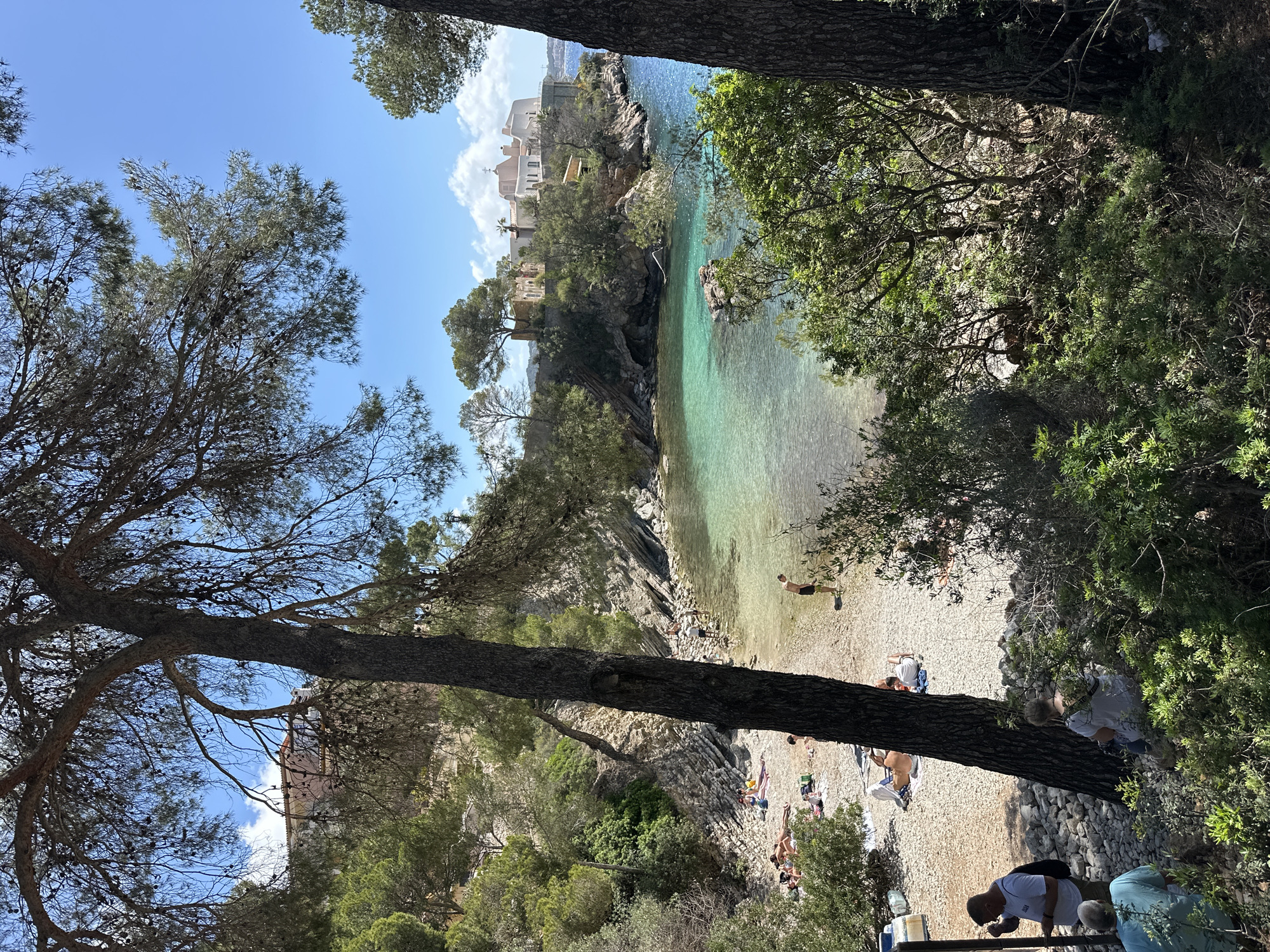 The image depicts a coastal scene in Peguera, Spain. A small beach is visible, populated with people sunbathing and swimming in the turquoise water. The beach is framed by rocky cliffs and lush vegetation, including pine trees that partially obscure the view. The scene is bathed in sunlight under a clear blue sky with some clouds. Some buildings are visible on the cliffs overlooking the beach.