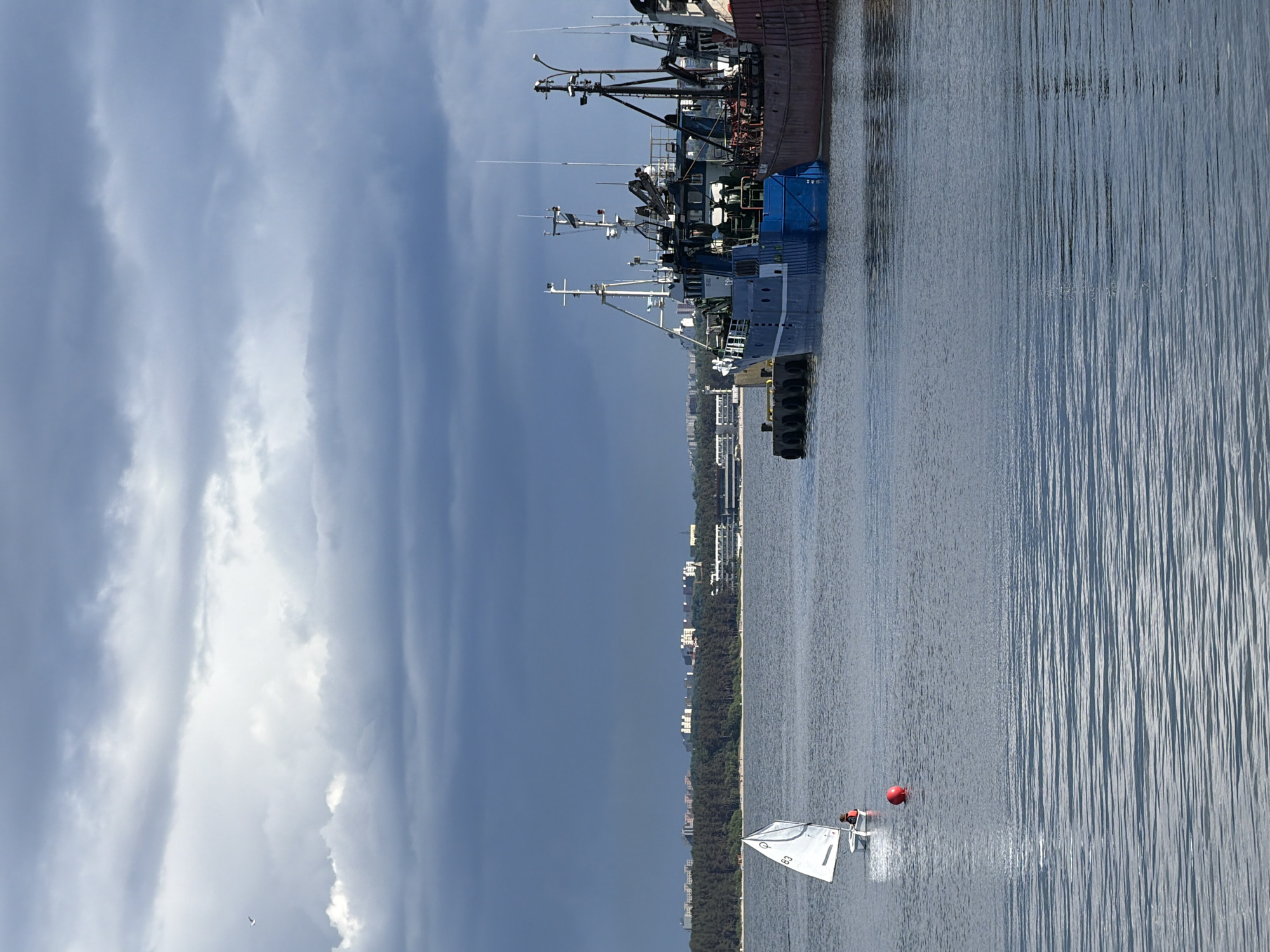 A bright, partly cloudy day over the sea in Viimsi, Estonia. In the foreground, the calm water reflects the overcast sky. To the left, a small white sailboat with a single occupant is navigating the water. A red buoy is visible nearby. In the background, a treeline separates the water from a city skyline featuring numerous buildings. Several large fishing vessels are docked to the right of the frame.