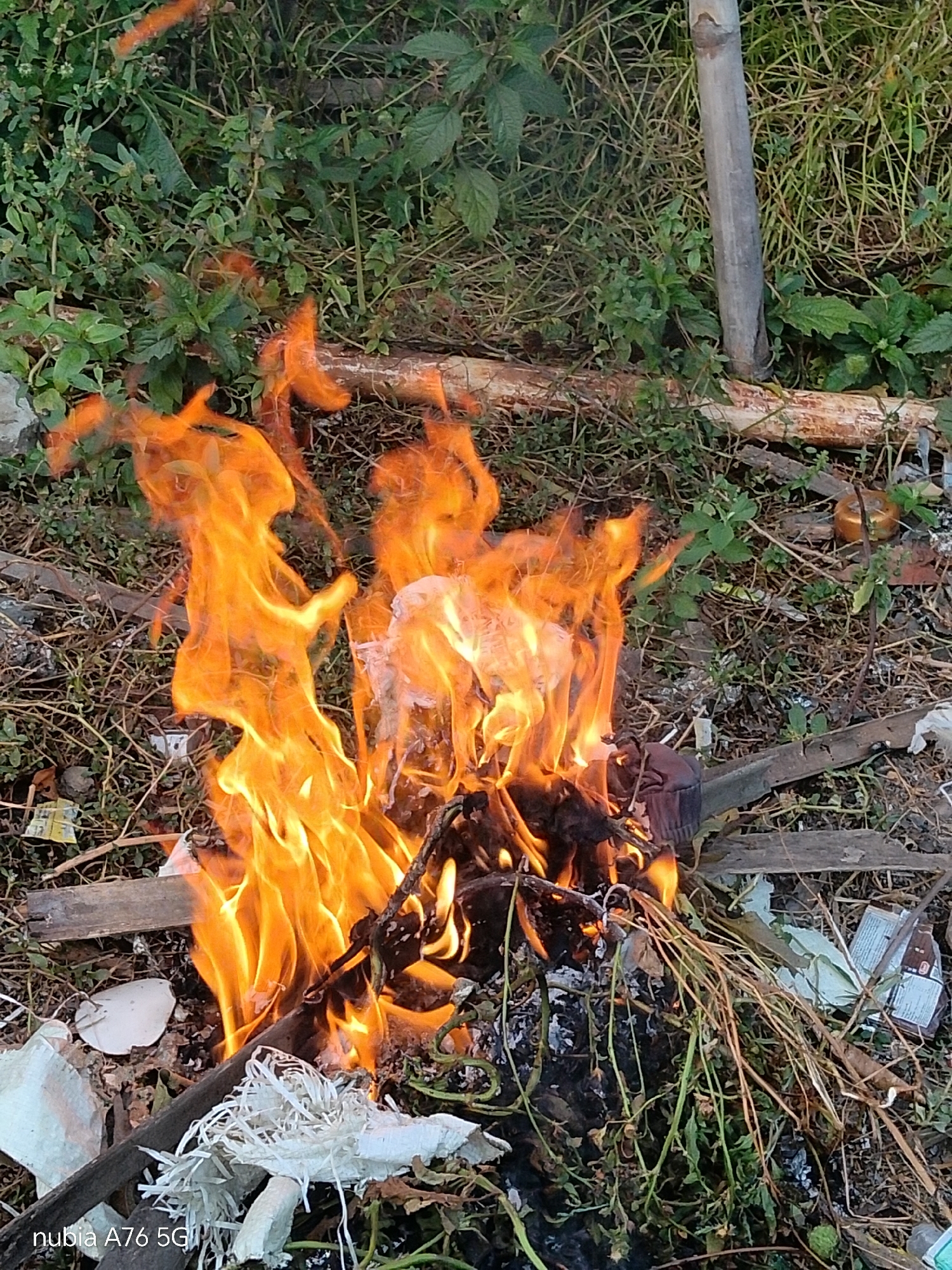 An outdoor scene depicts a small fire burning amidst dry vegetation and scattered debris. The fire, primarily a bright orange and yellow, has flames reaching upwards, consuming some of the surrounding organic matter and what appears to be white plastic. The ground is covered with dry leaves, twigs, and some unidentifiable trash, including pieces of white material and dark brown debris. In the background, green foliage and some wooden or bamboo sticks are visible. The overall environment suggests an unkempt area, possibly a neglected lot or roadside. There are no people or animals visible in the image. The bottom left corner of the image displays a watermark that reads "nubia A76 5G".