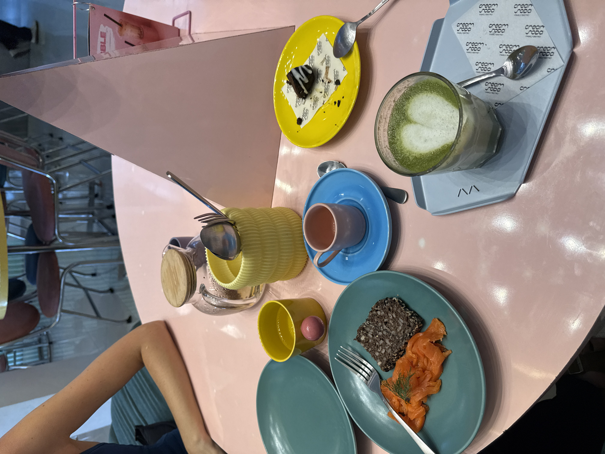 Here is a detailed description of the image:
**Scene Overview:** The image captures an overhead view of a table laden with various food and drink items. The color scheme is dominated by pinks and pastels, with vibrant pops of yellow, blue, and teal from the tableware. The setting appears to be a trendy cafe or bistro.
**Food and Drink:**
* **Dessert Plate:** A bright yellow plate features a partially eaten chocolate dessert atop a patterned paper doily. A spoon lies beside it.
* **Matcha Drink:** A clear glass contains a layered green matcha drink with a frothy white top, resting on a pale blue tray adorned with logos. A spoon accompanies this.
* **Coffee Set:** A blue saucer holds a pink-toned coffee cup.
* **Smoked Salmon:** A teal plate holds smoked salmon accompanied by dark rye bread and a sprig of dill. A fork rests on the plate.
* **Additional items:** A small yellow cup contains a pink sphere; A glass jar with a wooden lid; A teal plate.
**Objects:**
* **Tableware:** The table is set with plates, cups, saucers, and cutlery in various pastel and bright colors.
* **Jar:** A glass jar with a wooden lid and a yellow wavy interior.
* **Logos:** The pale blue tray under the matcha drink displays a logo with repeated text.
**People:**
* **Arms:** The lower left corner of the frame shows a person's arm and partial torso, suggesting they are seated at the table.
**Environment:**
* **Table:** The table has a curved, pink-toned surface.
* **Chairs:** There is a blurry view of the back of chairs with brown seats and metal frames, visible near the left edge of the table.
**Location:** While the prompt mentions Sukawati, Indonesia, there are no explicit visual cues in the image that confirm this location.