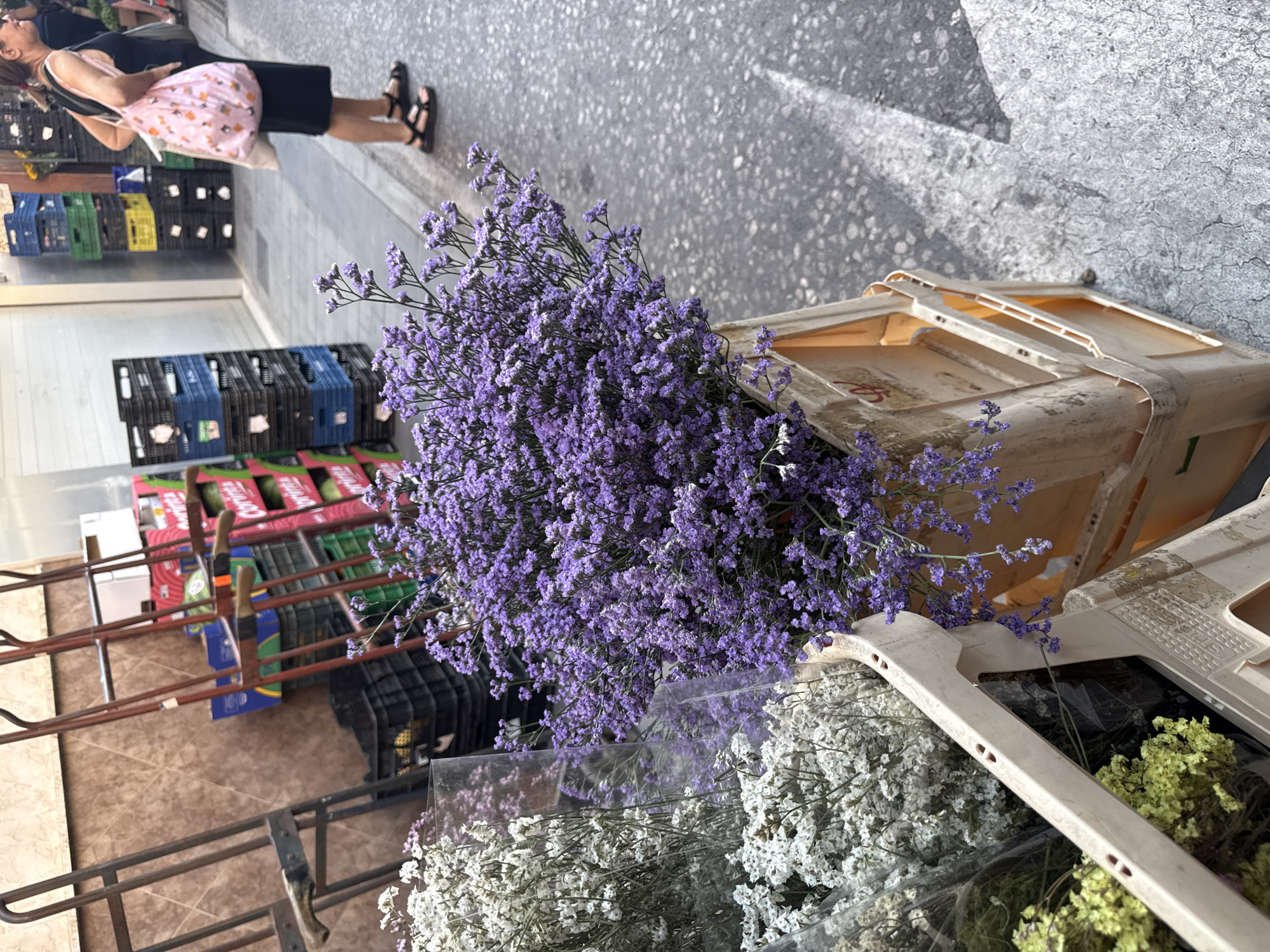 A street-level image shows flowers for sale in an outdoor setting of Unknown, Unknown. Foregrounded are containers holding large bunches of purple and white flowers. Behind the flowers are racks of storage crates in black, blue, and green. A person is seen standing in the background. The environment includes a paved sidewalk.