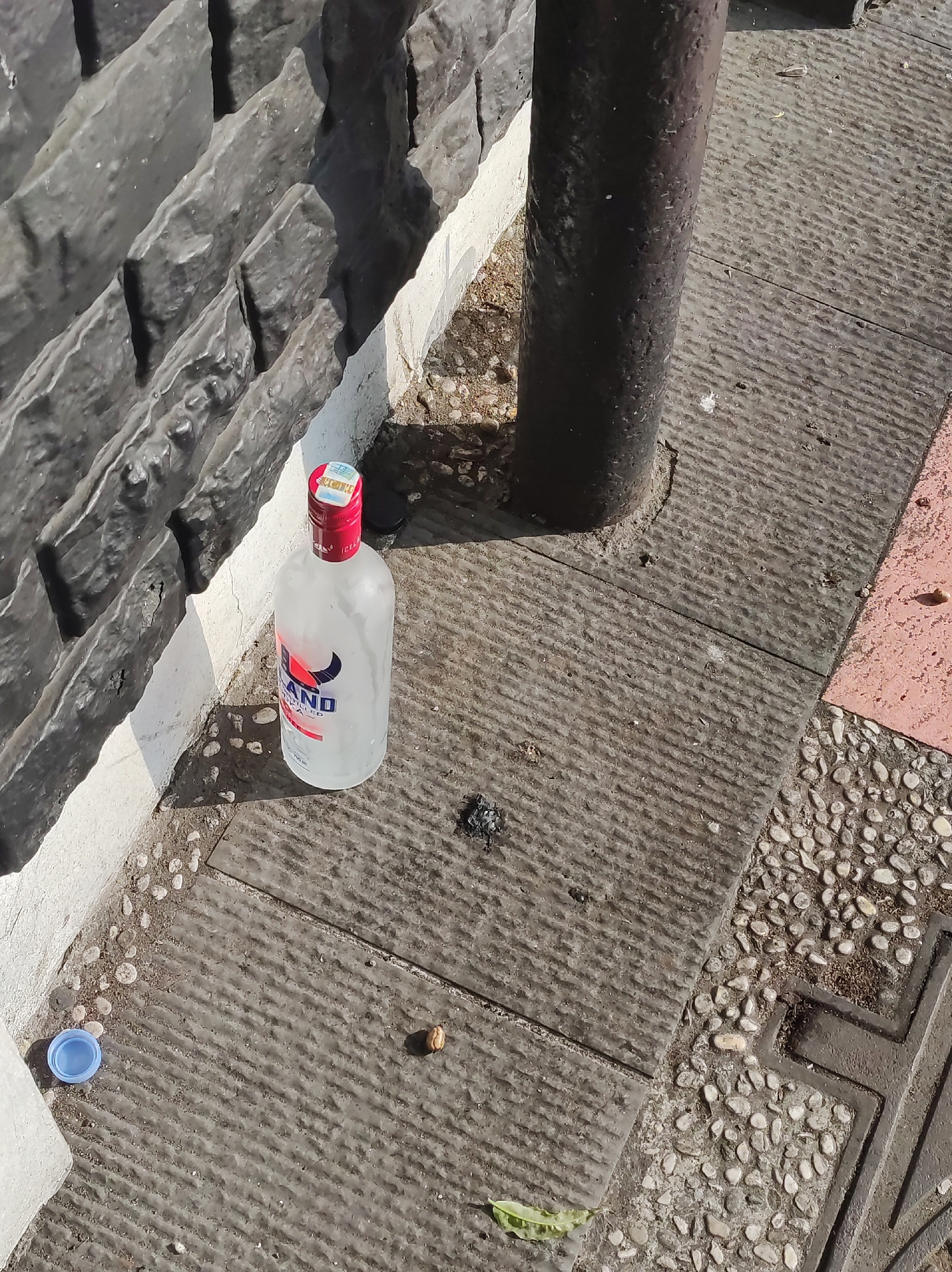 In Blitar, Indonesia, a partially filled bottle of Iceland vodka with a red cap stands on a textured concrete sidewalk. Adjacent to the bottle, a small, dark object, possibly bird droppings, rests on the ground. A blue bottle cap lies to the left of the vodka bottle. The background features a textured dark gray wall and a dark brown cylindrical post. The ground is a mix of concrete slabs and small pebbles. The scene appears to be outdoors on a sunny day.
