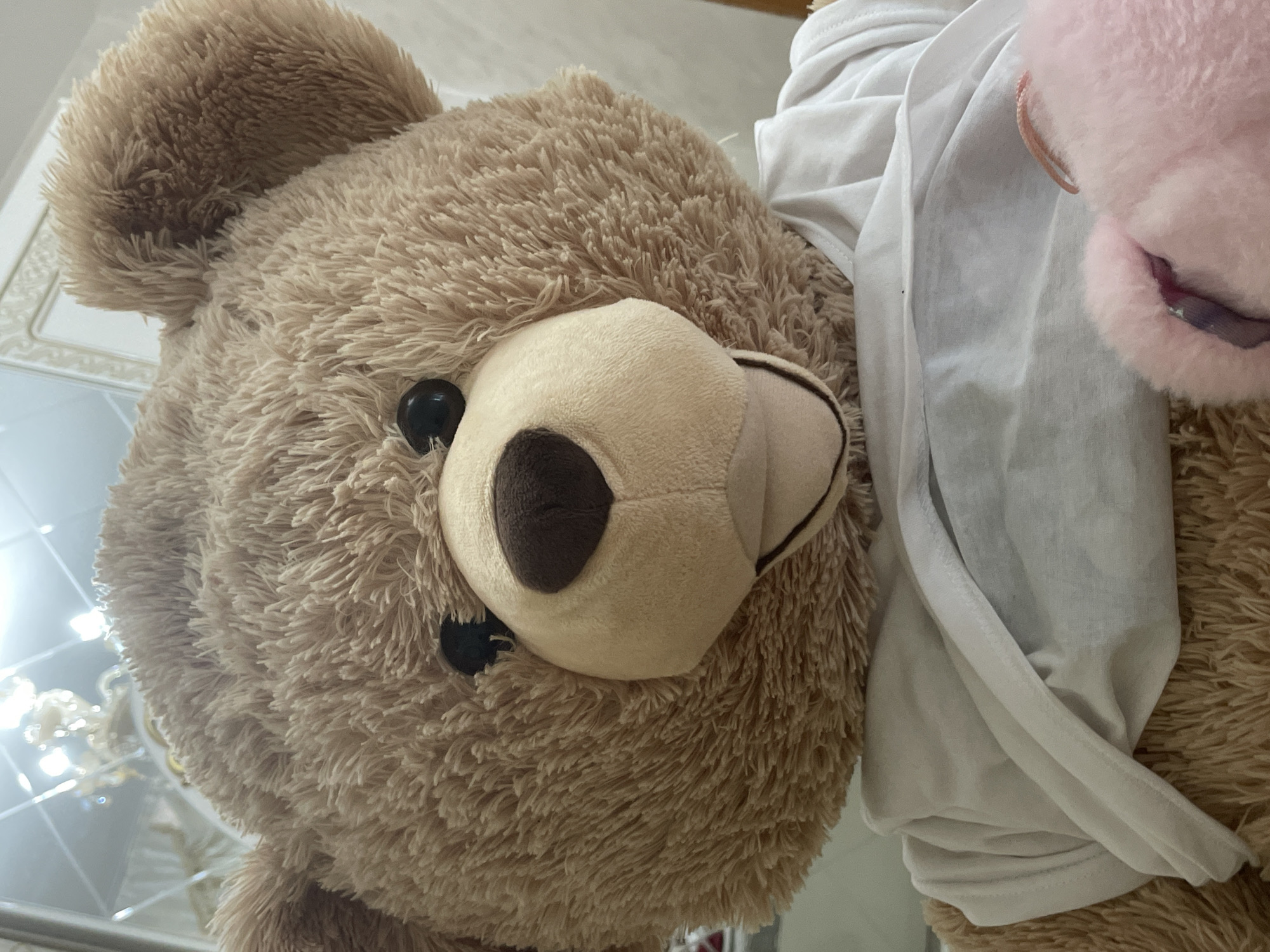 A close-up, tilted image features a large, fluffy, light brown teddy bear occupying most of the frame. The teddy bear has prominent black eyes and a light beige snout with a dark brown, oval-shaped nose. Its fur appears soft and shaggy. A white garment, possibly a shirt or towel, is draped over its right side, creating soft folds. To the far right, a portion of a smaller pink plush toy is visible, characterized by its fluffy texture and an open mouth revealing a blue or purple lining inside. A thin pink string or strap is also visible near the pink toy's head.
The background is blurry but reveals glimpses of an indoor setting with bright artificial lighting fixtures, possibly a chandelier, reflecting on a shiny surface below the teddy bear. The overall impression is a snapshot taken indoors, with no specific activity occurring beyond the static arrangement of the plush toys. No text is visible. The scene is located in Ihtiman, Bulgaria.