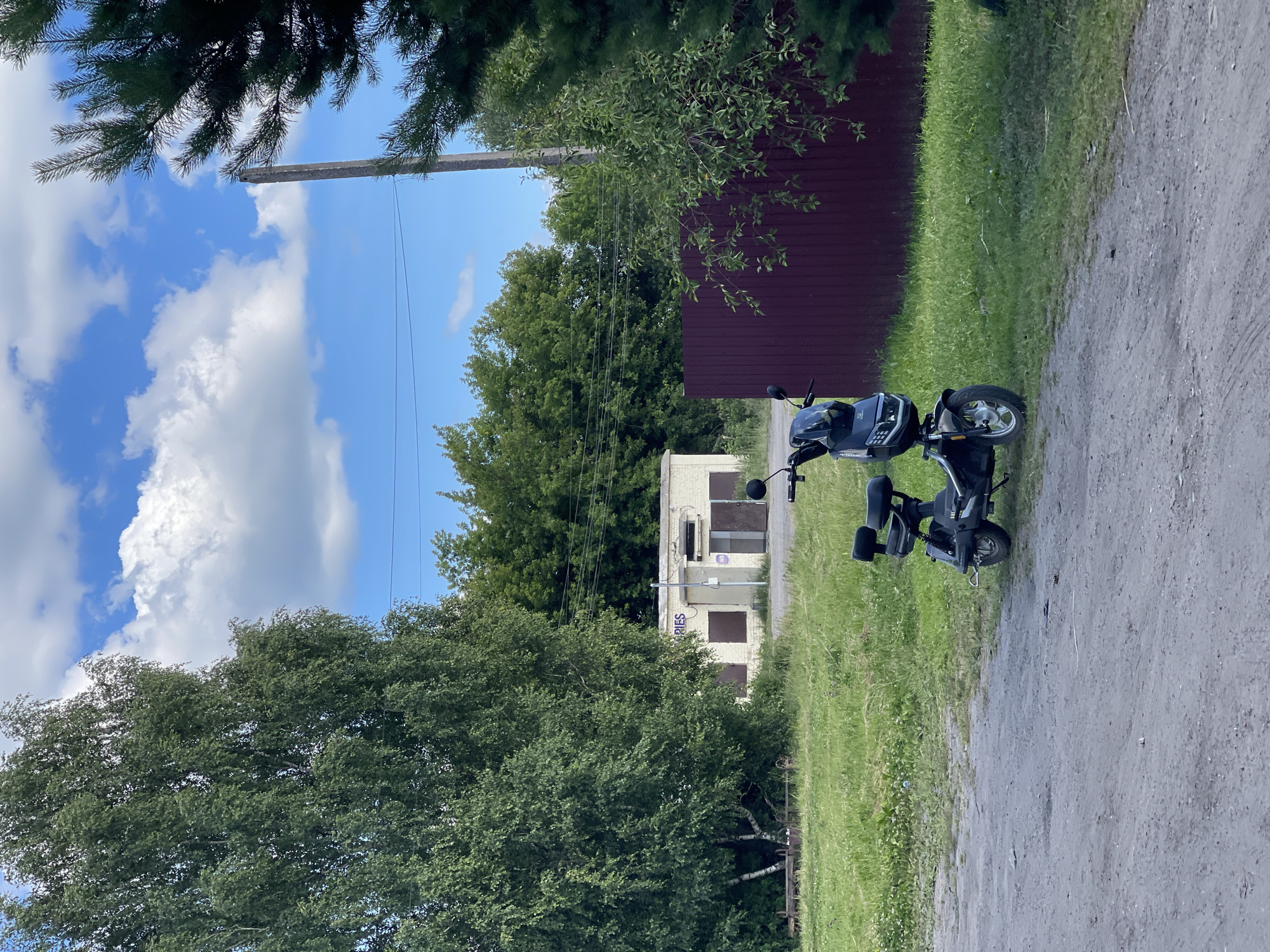 The image depicts a rural or semi-rural setting in Заречный, Russia, under a partly cloudy blue sky. In the foreground, a dirt road leads towards a patch of green grass and a dark red fence. To the left of the road, a black electric scooter is parked on the grass. Behind the scooter, a low, light-colored building with a sign reading "RIES" and two garage doors is visible. Dense green trees form a backdrop to the building and extend across the image. A tall, weathered utility pole stands to the right of the building, partially obscured by pine tree branches. The overall scene suggests a quiet, possibly industrial or commercial area on the outskirts of town, with elements of nature prominent.