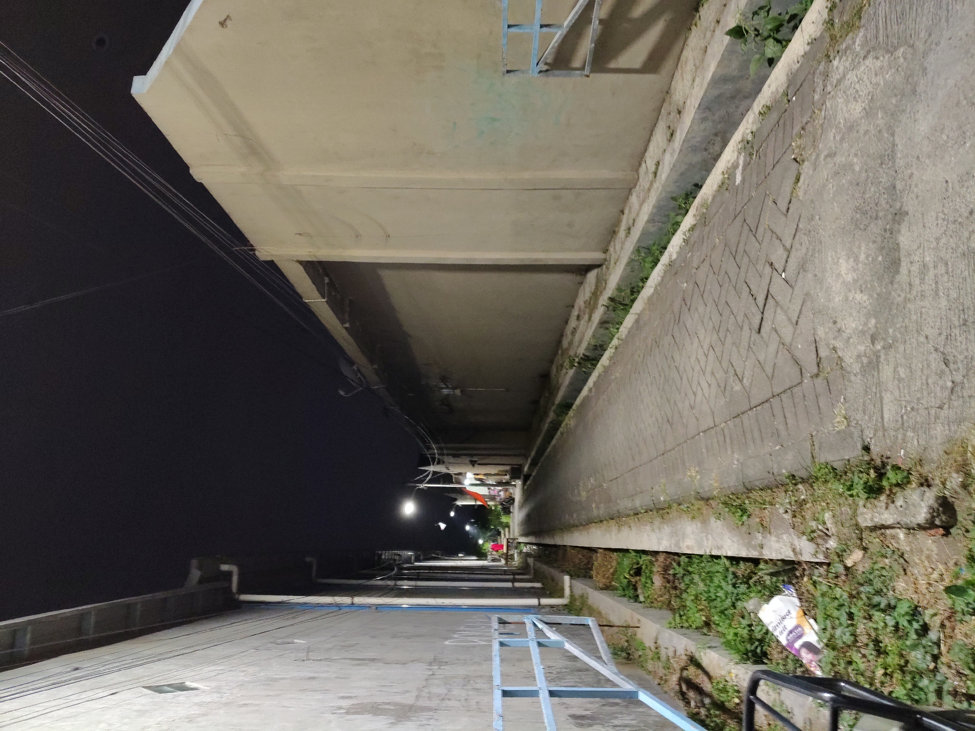 The image depicts a narrow alleyway at night, illuminated by streetlights. The alley is paved with interlocking bricks and flanked by buildings on both sides. On the left, a grey concrete wall with a blue metal railing runs alongside the alley. On the right, a beige building with a blue metal railing in front of it is visible. Vegetation grows in the drainage ditches on either side of the alley. In the distance, a person wearing a red garment is walking away from the camera. The scene appears to be in a residential area. The sky is dark, indicating nighttime. The overall impression is one of a quiet, dimly lit urban environment.