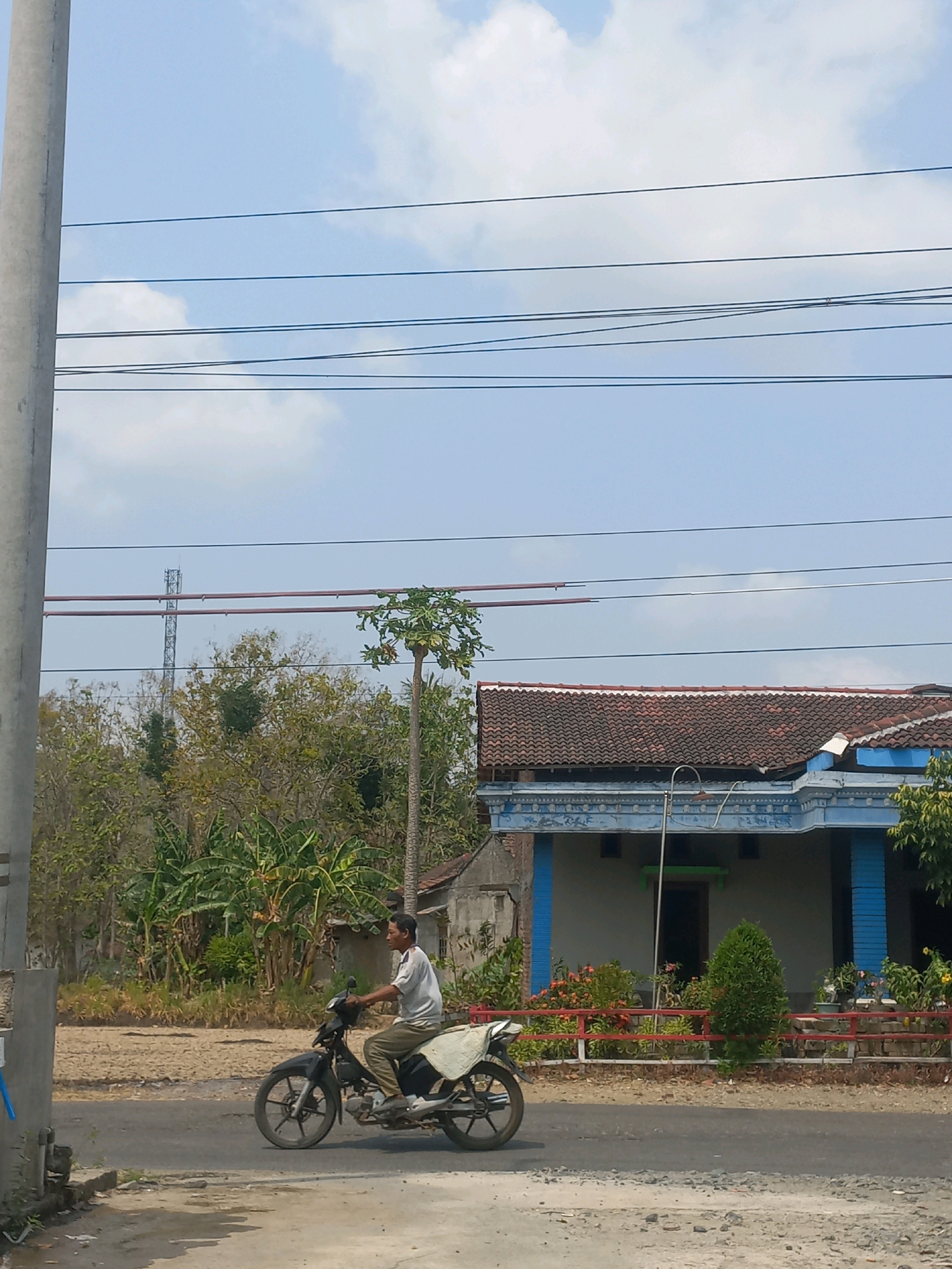 A man is riding a black motorcycle down a paved road in Baturetno, Indonesia. He is wearing a light-colored t-shirt and olive-colored pants. The motorcycle is carrying a white bag on the rear seat. To the right of the road is a house with a tiled roof and blue trim. A red-painted fence with stone posts encloses a garden in front of the house, which contains various plants and a small, conical green shrub. Behind the house and fence, dense foliage and trees are visible, including banana trees. Further in the distance, a cell tower can be seen. A utility pole with several wires is present on the left side of the image. The sky is blue with scattered white clouds. The ground surface appears to be asphalt with some loose gravel.