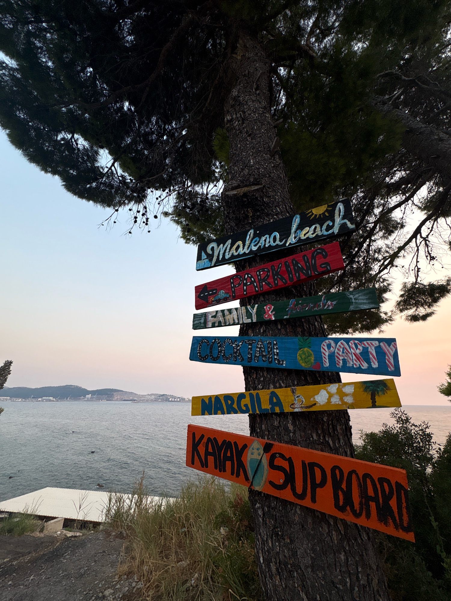 A multi-directional wooden signpost is attached to the trunk of a large tree. The signs, painted in various colors and designs, point towards different destinations. The topmost sign, black with white lettering, reads "Malena beach" and features a yellow sun graphic. Below it, a red sign says "PARKING" with illustrations of a car and a truck. The next sign, green, has "FAMILY & friends" written in white, accompanied by a ginger bread man and a heart. A blue sign with white and pink lettering announces "COCKTAIL PARTY" and includes drawings of a pineapple and candy canes. A yellow sign with blue and white text reads "NARGILA" and depicts a man surfing and clouds. The bottommost sign, orange, has black lettering spelling "KAYAK & SUP BOARD" and shows a surfboard graphic. The signpost is set against a backdrop of the sea, with a hilly coastline visible in the distance. The sky is a pale blue with hints of pink, suggesting either sunrise or sunset. The scene appears to be located in Bar, Montenegro, near a beach or coastal area.