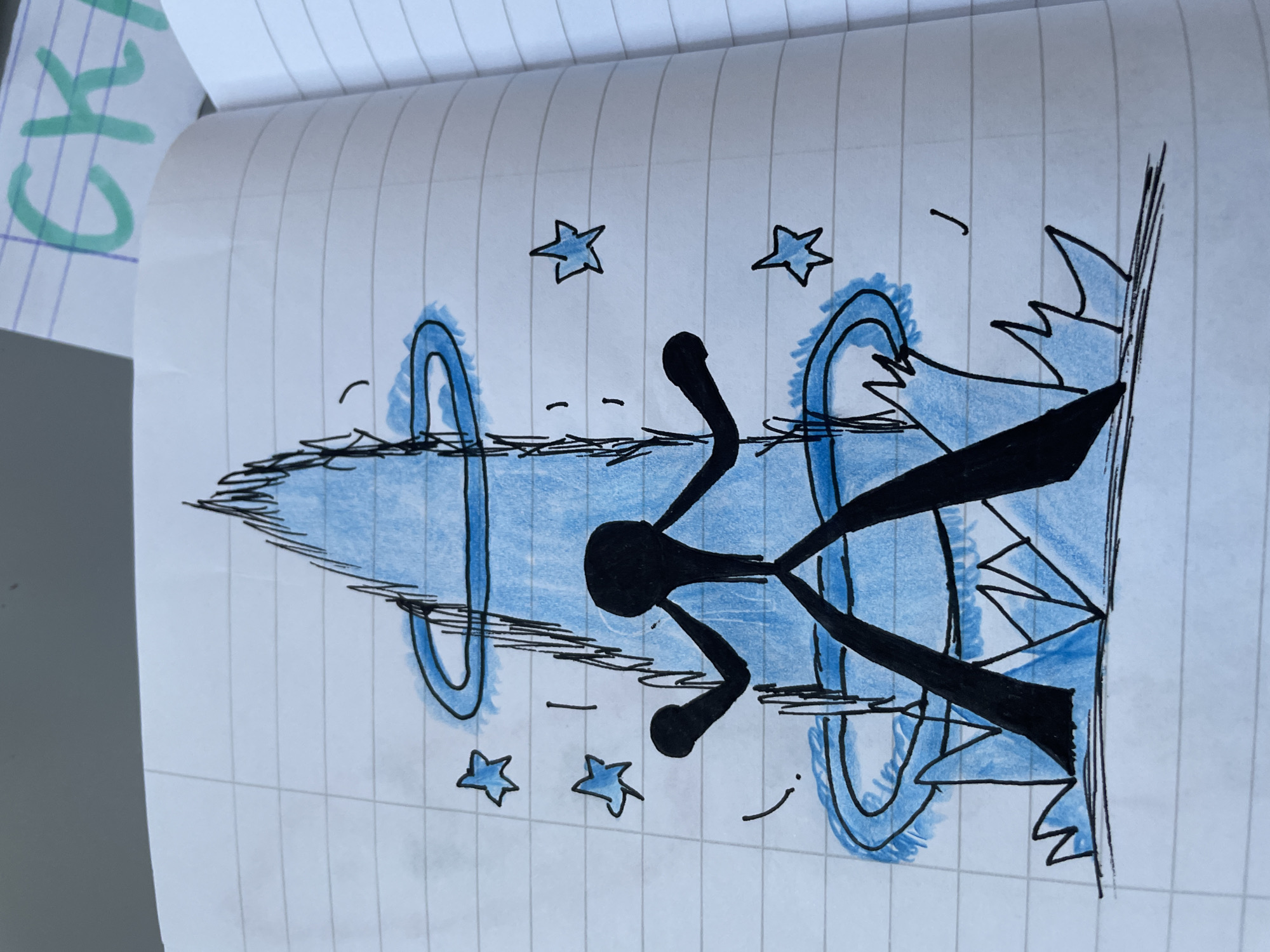 The image presents a vibrant, cartoonish drawing rendered primarily with black outlines and light blue coloring on a lined notebook page. The drawing is oriented vertically on the page, though the photograph captures it in a landscape orientation.
The central subject is a dynamic scene featuring a stylized, black, stick-figure-like character with a rounded head, an elongated torso, and two limbs extending outwards, each ending in a rounded shape. This figure appears to be enveloped by, or interacting with, a prominent light blue, spiky energy column that tapers upwards from a jagged base at the bottom of the composition.
Flanking this central energetic form are two large, stylized blue rings or portals, outlined in black and filled with light blue, with some darker blue shading that suggests depth and luminescence. Four five-pointed stars, also outlined in black and filled with light blue, are scattered around the scene, enhancing a magical or cosmic theme. Several small black dashes indicate movement or shimmering energy. The jagged light blue shape at the bottom serves as a ground or an area of intense energetic discharge.
The drawing portrays an event of significant energy or magic, with the black figure seemingly at the epicenter of this powerful display, conveying a sense of action and fantasy.
The setting is a simple notebook page with light blue grid lines. In the top left corner of the photograph, a corner of another piece of paper is visible beneath the drawing, displaying partially obscured green, capitalized letters that read "CK". There are no specific visual cues within the drawing itself to indicate the location context of Zlatograd, Bulgaria.