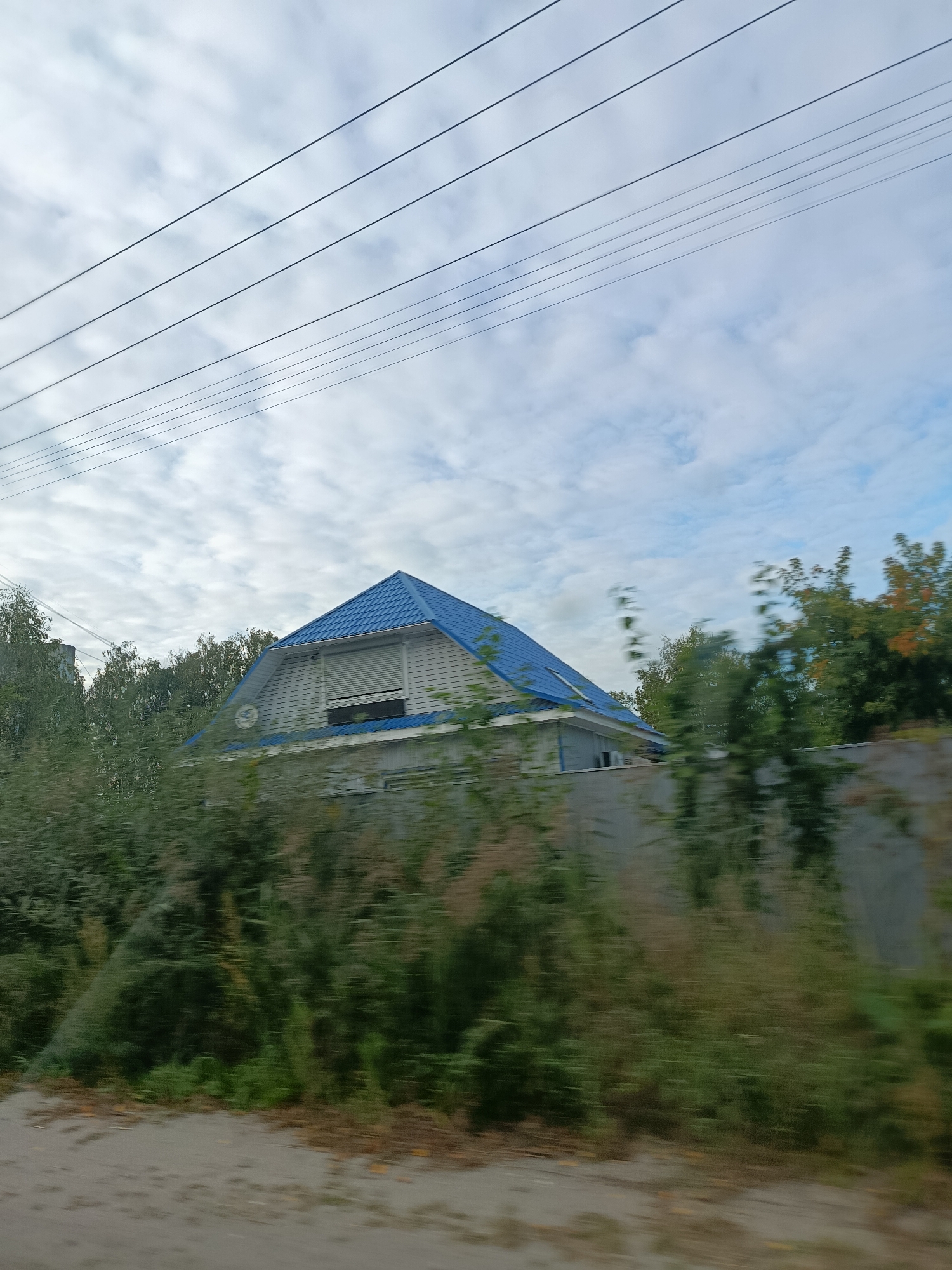 The image shows a house with a blue metal roof, partially obscured by trees and foliage. The house is a light color, possibly white or light grey, with horizontal siding. There are windows with closed shutters on the upper part of the house. A grey concrete fence runs in front of the house and is also partially covered by greenery. Power lines are visible in the sky above the house. The scene appears to be outdoors, with a cloudy sky. The motion blur suggests the photo was taken from a moving vehicle. The location is described as Snopok Novyi, Russia. There are no people or animals visible in the image.