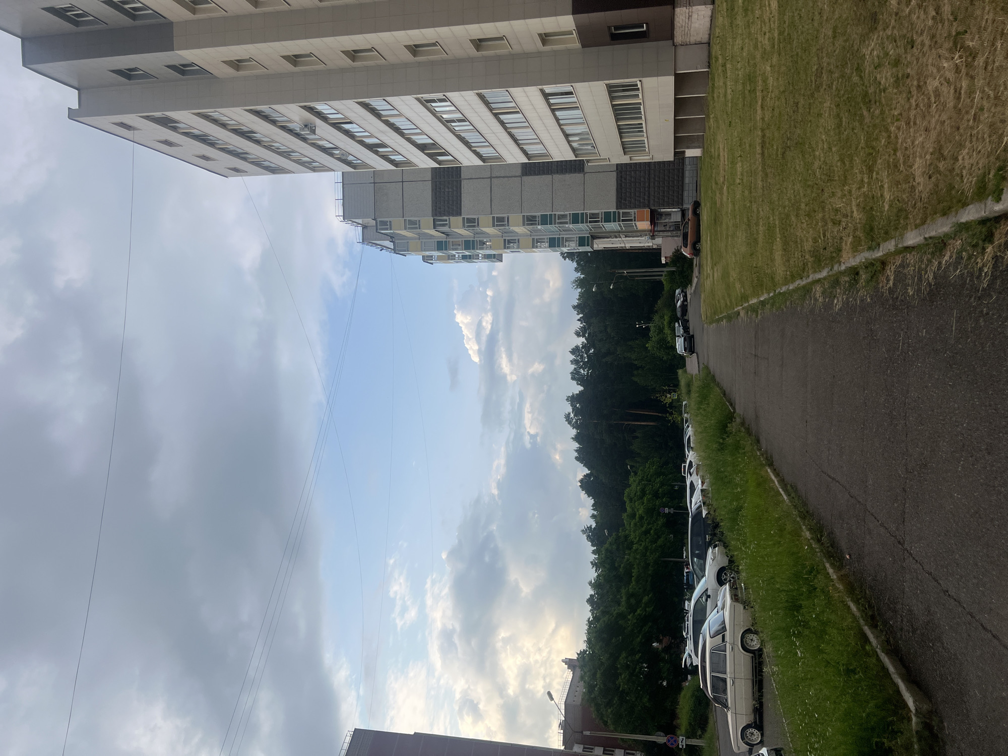 The image captures a street scene in Zheleznogorsk, Russia, under an overcast sky with patches of blue. On the right side of the frame, a tall, multi-story apartment building with a light-colored facade and numerous windows dominates the view. To the left of this building, another apartment building, characterized by gray and yellow sections, is visible. The foreground features an asphalt walkway bordering a grassy area. A row of parked cars, predominantly white and light-colored sedans, are lined up along the side of the walkway, with a dense green forest bordering the background. Power lines crisscross the sky. The scene appears to be an urban residential area.