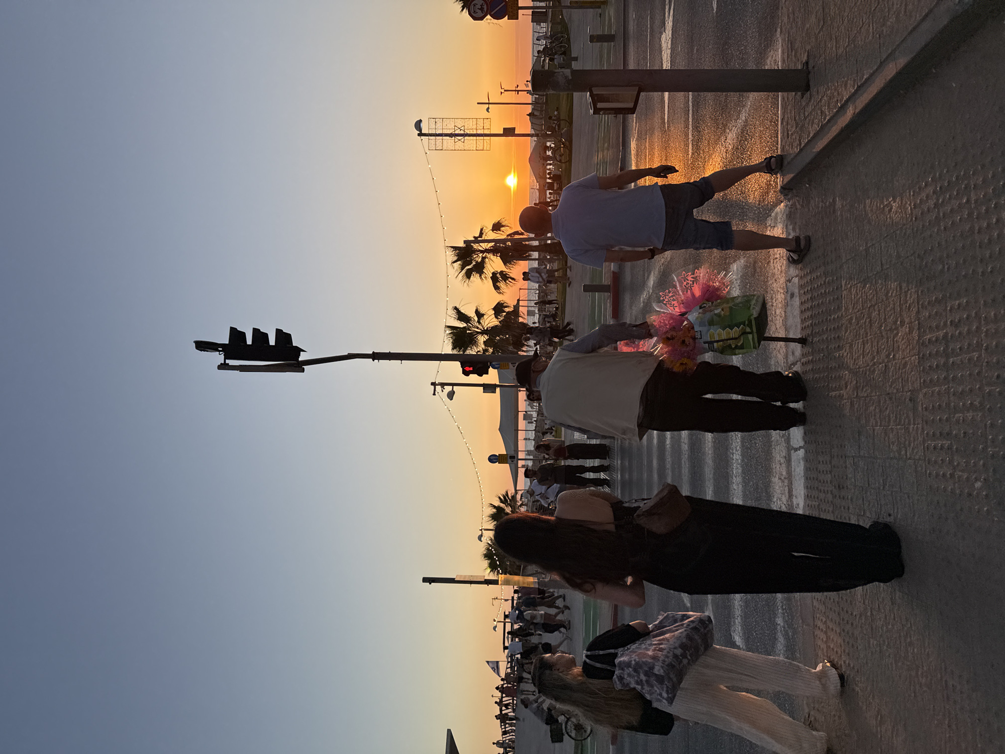 The image captures a sunset scene on a city street in Tel Aviv, Israel, looking westward towards the Mediterranean Sea. In the immediate foreground, a textured grey pavement with tactile paving leads to a crosswalk marked with white stripes on dark asphalt.
Four individuals are positioned facing away from the viewer, looking towards the setting sun. From left to right:
1. A woman with long light-brown hair, wearing a dark top and light-colored striped pants, carries a patterned tote bag over her left shoulder.
2. A woman with long dark hair, wearing a dark top and pants, has a small brown bag slung across her body.
3. An older man, partially obscured, wears a light-colored vest over a striped shirt. He is pushing a cart or stand from which multiple bunches of pink and purple cellophane-wrapped flowers protrude.
4. A man in a light blue polo shirt and dark shorts, wearing sandals, stands with his right arm and hand illuminated by the golden light of the setting sun.
A black traffic light pole with a traffic signal displaying a red light stands prominently in the mid-left of the frame, silhouetted against the sky. Another black pole with a box-like structure is on the right.
The midground features a lively promenade area. Numerous people are visible, some walking, others cycling. Palm trees are silhouetted against the bright orange and yellow hues of the sunset. String lights are strung between various poles along the promenade. An Israeli flag is visible on a pole in the left-midground. To the right, a decorative structure resembling a Star of David is mounted on another pole. The Mediterranean Sea is visible on the right, reflecting the sunset glow.
The background is dominated by the sun, a bright orange disc positioned directly on the horizon line. The sky transitions from a soft blue at the top to intense orange and yellow above the horizon. Silhouettes of structures, possibly beach tents or umbrellas, are discernible on the beachfront.