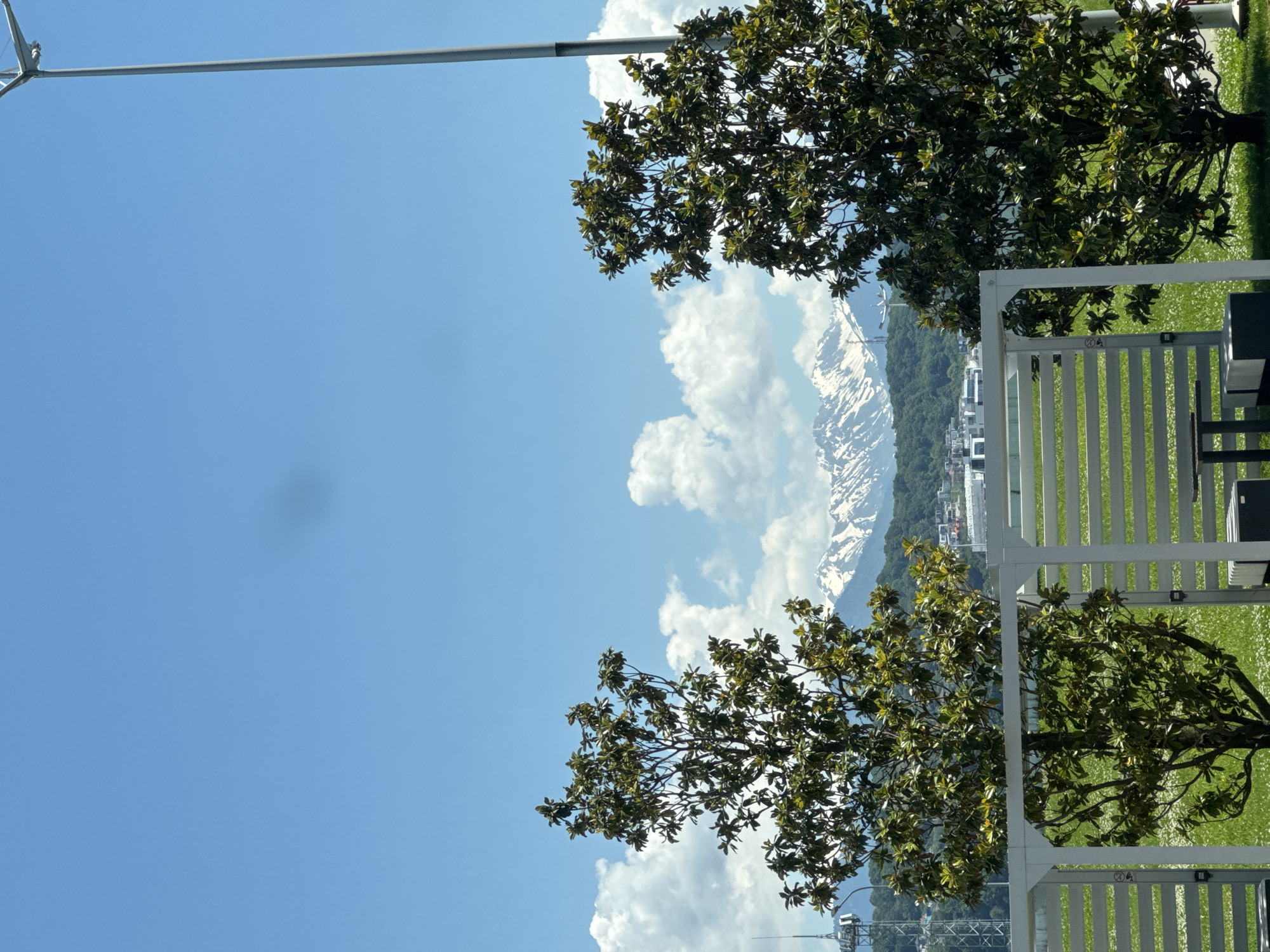 The image depicts an outdoor scene under a clear, bright blue sky with scattered white cumulus clouds. A prominent dark, diffuse smudge, possibly sensor dust, is visible in the upper left quadrant of the sky.
In the foreground, two large, leafy green trees, characterized by broad, dark green leaves, flank the lower portion of the frame. The tree on the left is partially framed by a white, slatted architectural structure resembling a pergola or fence, behind which a patch of green grass adorned with numerous small white flowers, consistent with daisies, is visible. Part of a dark table and seating elements are discernible beneath the white structure. A tall, light-grey pole, likely a street light or utility pole, extends vertically along the right edge of the frame, disappearing beyond the top.
The midground reveals rolling green hills covered with dense foliage, interspersed with various buildings, indicative of a developed area. To the far left, behind the left tree, a tall communication tower or similar lattice structure stands.
In the distant background, majestic snow-capped mountains rise under the clear sky. These are characteristic of the Caucasus Mountains.
No individuals are present in the scene. The bright lighting suggests a sunny day, likely morning or early afternoon. The combination of snow-capped mountains, lush green landscapes, and contemporary infrastructure is consistent with the geographical characteristics of the city of Sirius, Russia.