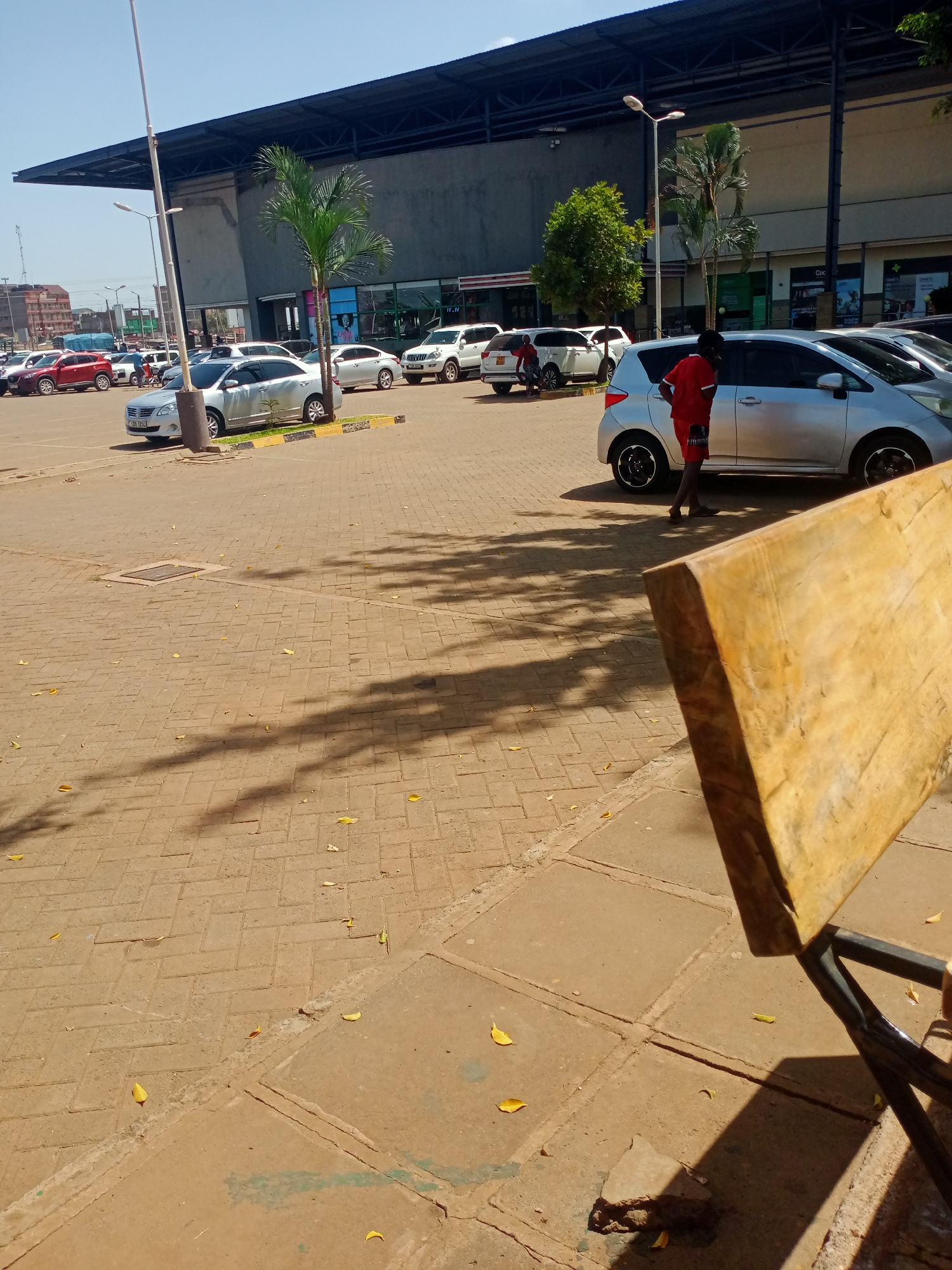 The image shows a parking lot in Mugumo-ini ward, Kenya, on a sunny day. Several cars of different colors and models are parked. A man in red is standing near a silver car. In the foreground, there is a wooden bench. The ground is paved with brick and there are yellow leaves scattered around. In the background, a building with shops is visible, along with lampposts and trees.