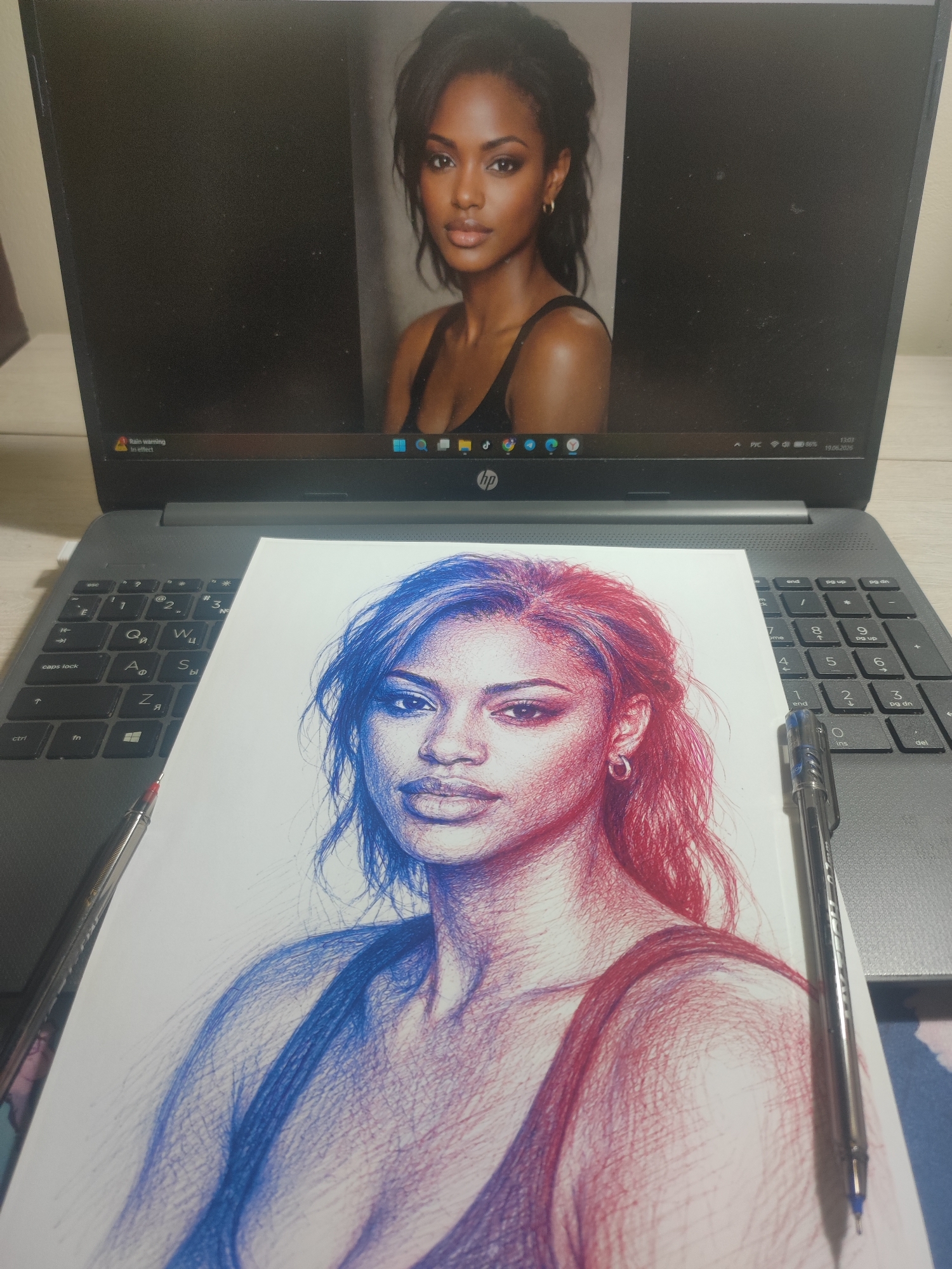 A pen-and-ink drawing of a woman, rendered in shades of red and blue, lies on a laptop keyboard. The drawing is a close-up portrait of the woman, with her face filling most of the frame. Her hair is depicted in wisps of red ink, while her skin and clothing are rendered in a mix of red and blue. Two pens, one red and one blue, are positioned on the drawing, one on each side. The laptop screen displays a reference image of the same woman, likely the source for the drawing. The laptop is open and placed on a light-colored surface, possibly a desk. The background is slightly out of focus, showing a glimpse of a room. The scene suggests an artist at work, using a laptop for reference while creating a detailed drawing. The provided hint images offer closer views of the drawing and the laptop screen, highlighting the artistic detail and the reference image.