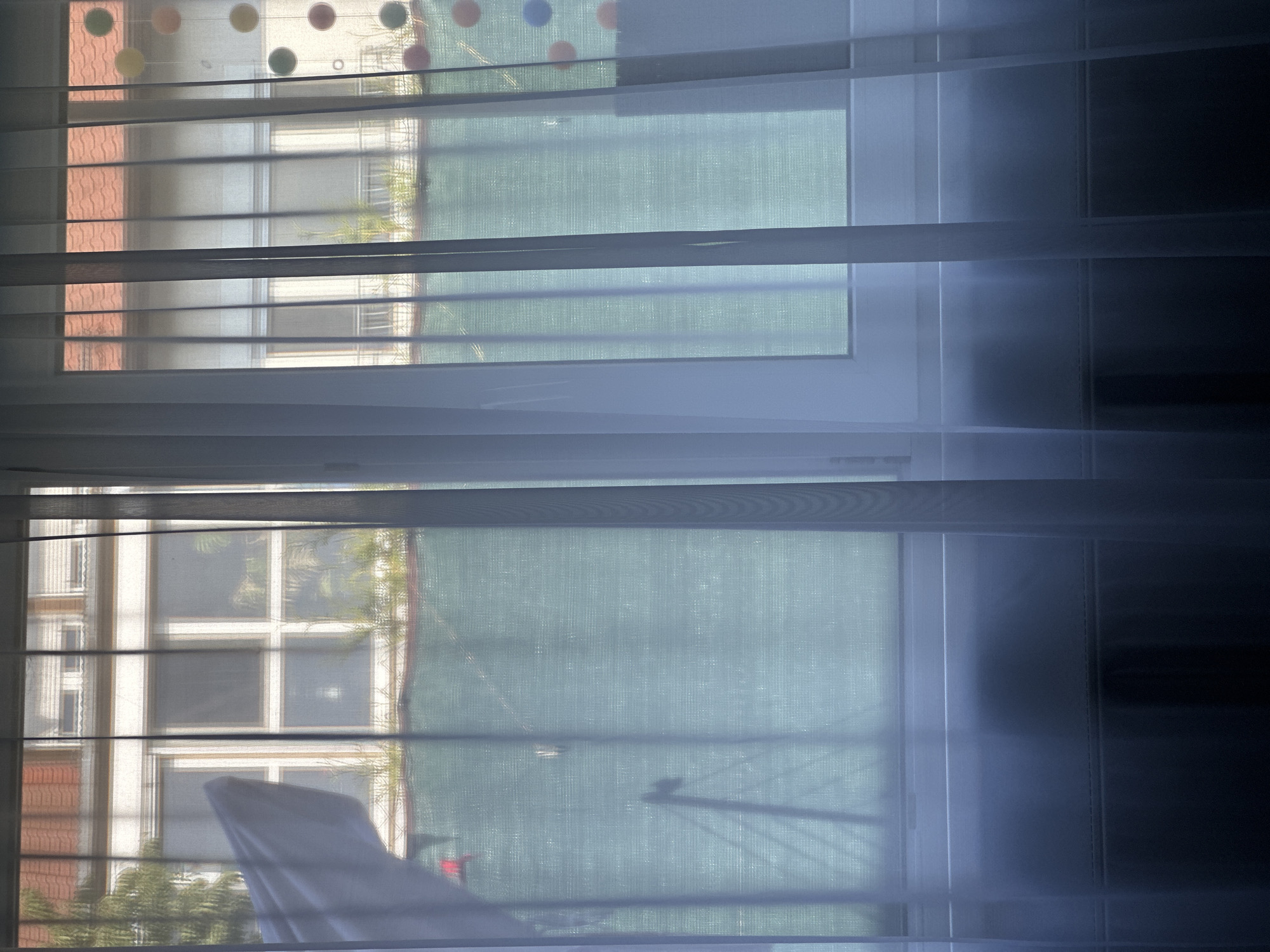 The image shows a view through a window with sheer white curtains. Outside, across a green privacy screen, a building with a red-tiled roof is visible, along with windows and some greenery. The overall impression is of an interior space looking out onto a residential or apartment building. The scene is likely from a private residence in Bruchsal, Germany, given the architectural style and the red-tiled roofs are common in the region. There are no people or specific actions depicted.