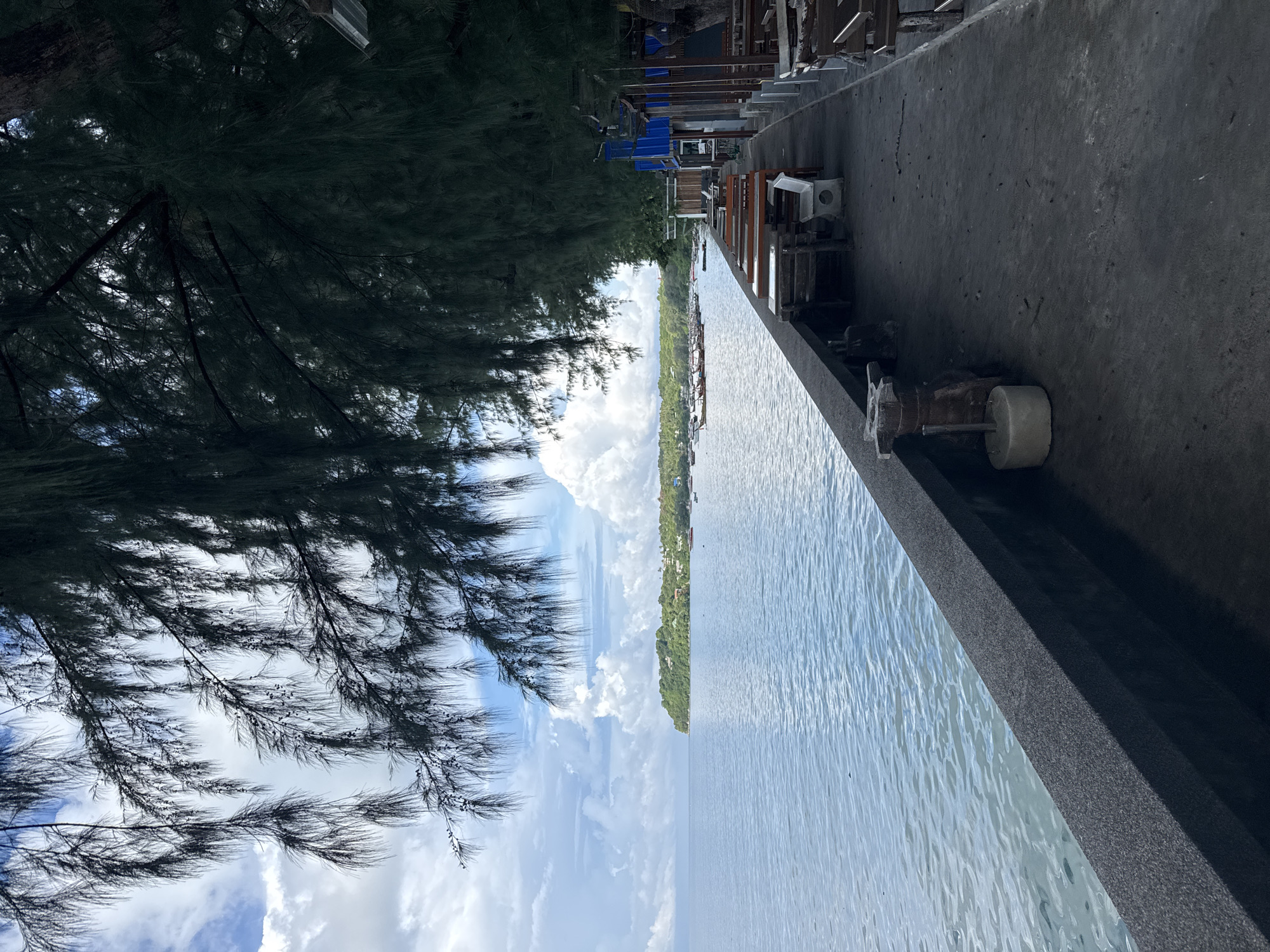 The image captures a scenic view of the sea from a concrete walkway lined with outdoor seating areas in Rawai, Thailand. Overhanging pine trees create a dappled shade over the walkway, where several wooden tables and chairs are arranged. Beyond the walkway, the calm blue sea stretches towards a lush green island dotted with buildings and a small harbor filled with numerous longtail boats. The sky is a mix of white clouds and patches of blue. The scene appears quiet and serene, with no people visible on the walkway or in the immediate vicinity. The overall impression is one of a tranquil seaside dining or resting spot.