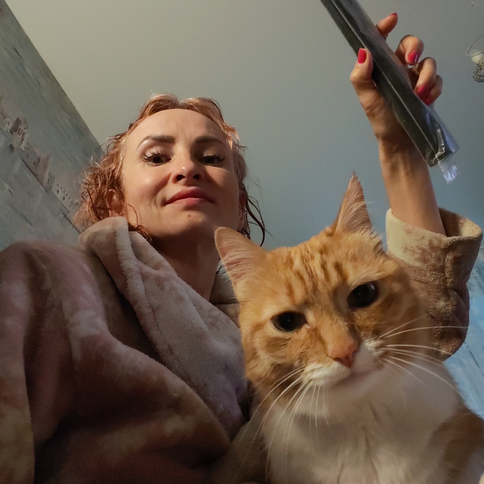 A low-angle, close-up shot captures a woman and an orange cat indoors, likely in Chaikovsky, Russia. The woman, positioned in the upper left, has reddish-blonde, damp-looking hair and is wearing a light brown, fluffy bathrobe. She has a subtle smile on her face and is looking directly at the camera. Her right hand is raised, holding a dark, rectangular object, possibly a packaged item or an electronic device, which is wrapped in clear plastic. Her nails are painted a vibrant red.
The large, ginger-and-white cat occupies the lower right and center of the frame, positioned in front of the woman. It has striking green eyes, dark pupils, and prominent white whiskers. The cat appears calm, looking towards the camera with a neutral expression. Its fur is a mix of orange tabby patterns and white on its chest and muzzle.
The background is simple, featuring a light blue or gray wall with a textured pattern on the left, possibly wallpaper, and a plain light-colored ceiling on the right. The lighting is bright, suggesting an indoor daytime setting. The overall impression is an intimate moment shared between a pet owner and her cat, likely a selfie taken from a device held above them. No text is visible in the image.