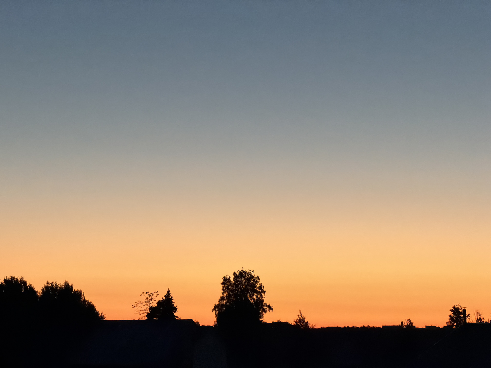 The image captures a silhouetted landscape against a gradient sky at dusk. The sky transitions from a pale blue at the top to a vibrant orange and yellow near the horizon. Below the sky, a dark silhouette of trees and what appears to be rooftops forms a horizontal line across the lower portion of the image. The trees are varied in shape and size, with some appearing as dense clusters and others as solitary figures. The overall impression is one of a peaceful evening in a semi-rural or suburban area. Without further information or visual cues, it is not possible to definitively identify the location as Chaikovsky, Russia.