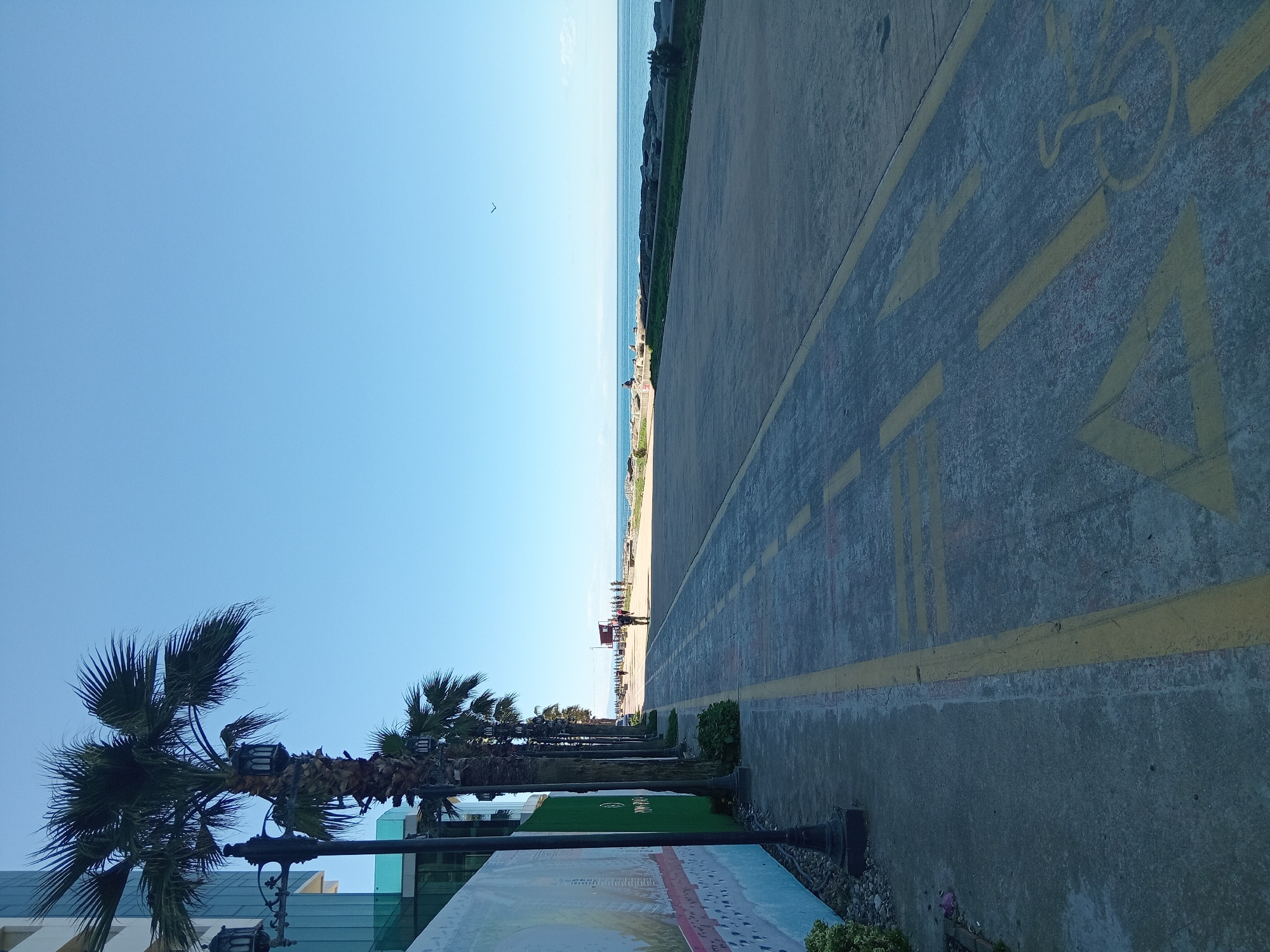 The image depicts a street scene in Batumi, Georgia. Palm trees line the left side of the image, adjacent to a pedestrian walkway with yellow markings and symbols indicating its use for disabled individuals. The walkway runs parallel to the Black Sea, visible in the distance. Several people are present on the beach. The sky is clear and blue.