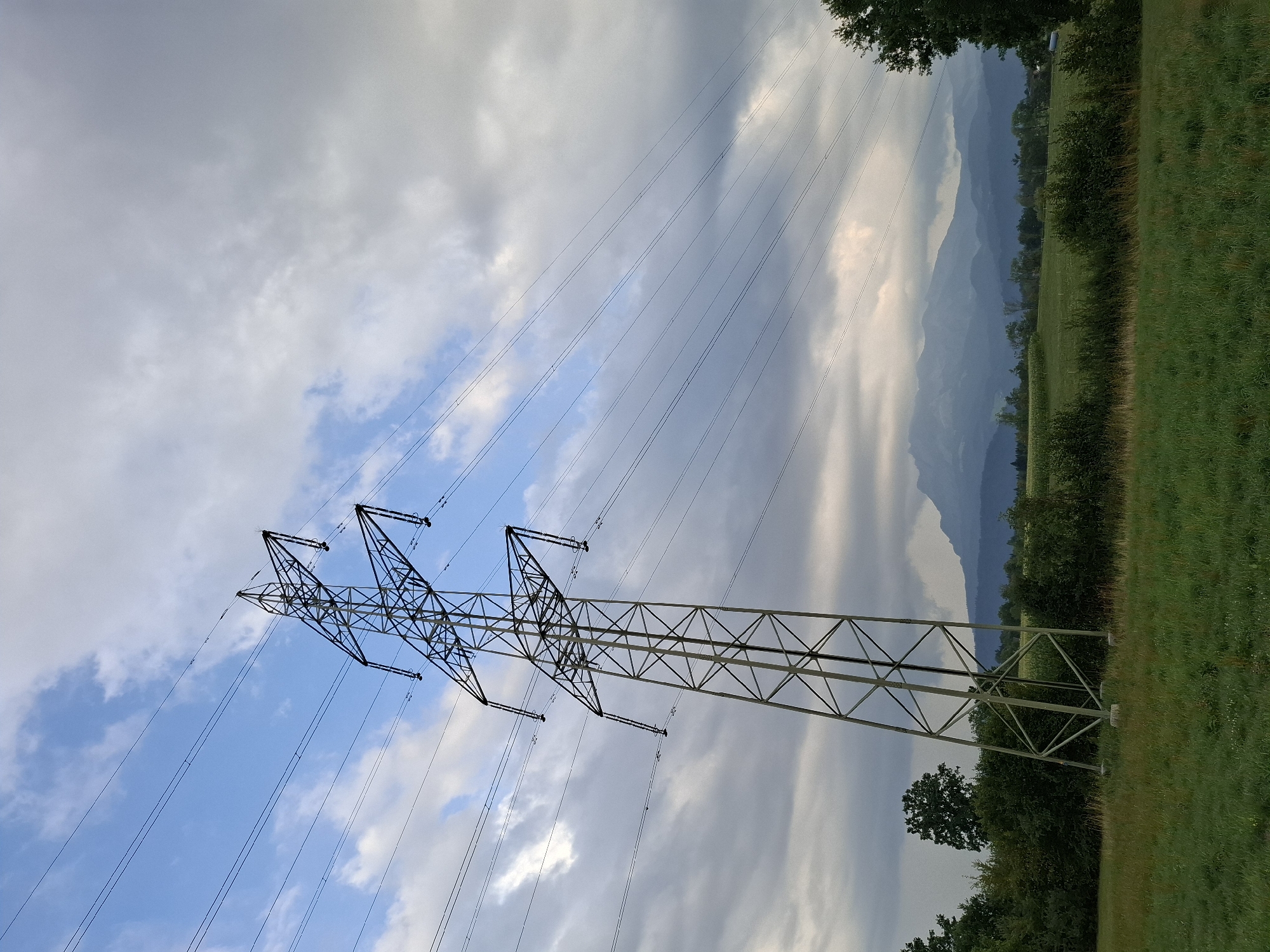 The image depicts a tall, metal electricity pylon standing in a grassy field. The pylon is angled slightly to the left and supports numerous wires that stretch across the frame. In the background, a range of mountains is visible under a dramatic sky filled with both blue patches and heavy clouds. Lush green vegetation, including trees and bushes, forms a line between the field and the mountains. The overall scene suggests an outdoor, rural environment. There are no people or animals present in the image. The sky is overcast with some areas of bright light breaking through, indicating varied weather conditions. The pylon itself is a prominent, industrial structure contrasting with the natural landscape. The field in the foreground is covered in green grass, with some dry patches and scattered white wildflowers. The mountains in the distance are hazy and appear to be covered in mist or clouds, with visible ridges and peaks.
