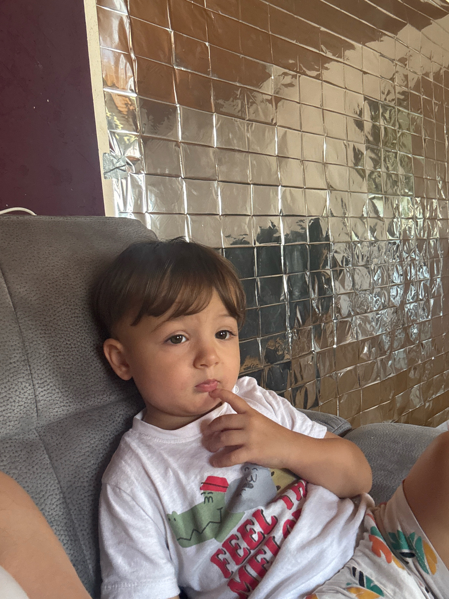 A young child with brown hair is seated on a grey armchair. The child is wearing a white t-shirt with a graphic print of a green alligator and red text. Their right hand is raised to their mouth, with a finger touching their lips. The background features a wall covered in a reflective, metallic tile pattern, with a dark purple wall section visible to the left. The scene appears to be indoors.