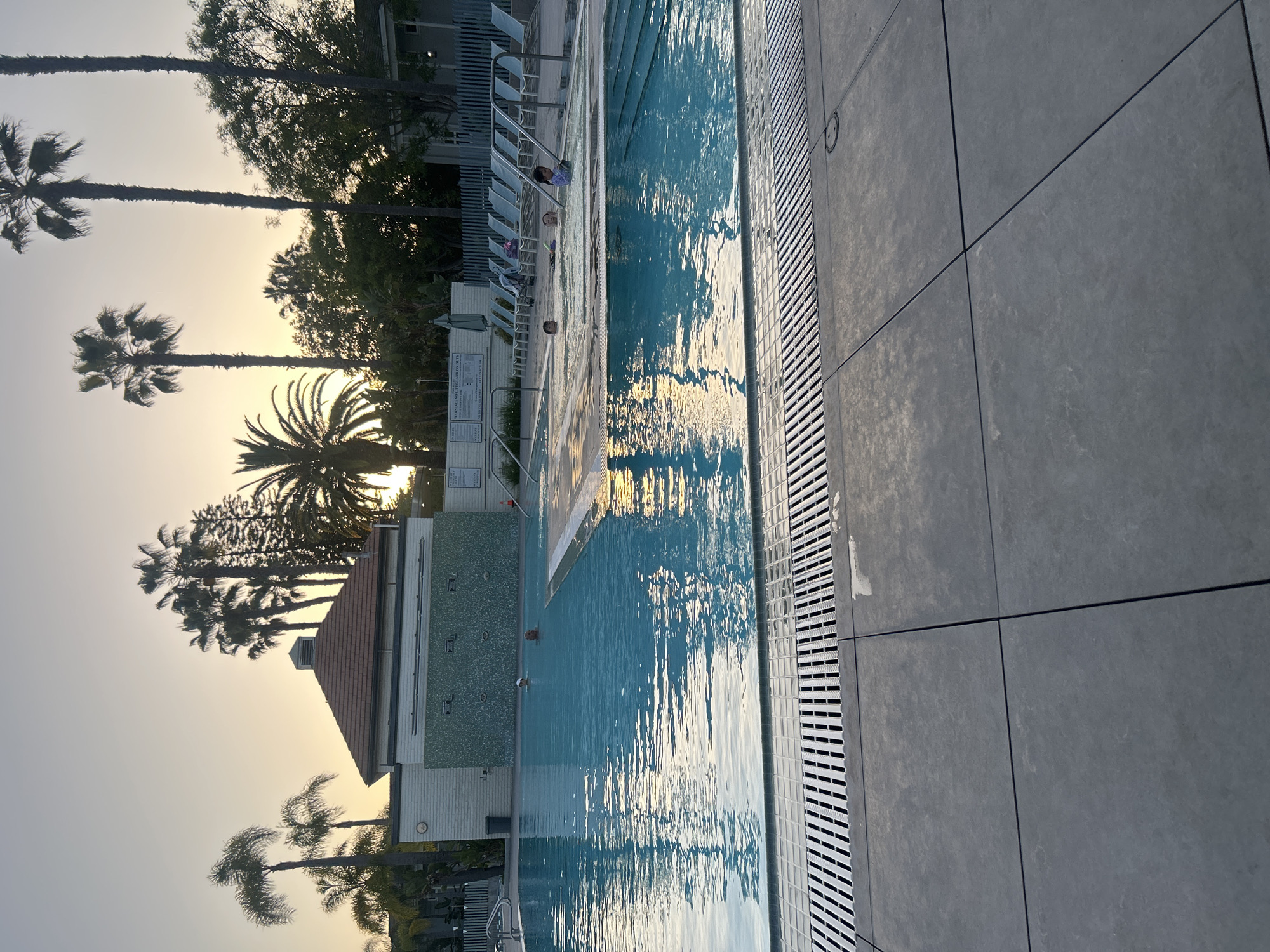 This image captures a serene outdoor swimming pool scene, likely during late afternoon or early evening in Los Angeles, USA. The sky displays a soft gradient of yellow and orange light near the horizon, suggesting either sunrise or sunset, casting a warm glow over the environment.
Numerous tall palm trees and other green foliage are silhouetted against the bright sky, dominating the background and left side of the frame. In the foreground, a dark grey tiled pool deck extends along the edge of the water, featuring distinct grout lines and a white slatted drainage system running parallel to the pool.
The swimming pool itself is filled with clear, blue water, showing gentle ripples and reflections of the sky and surrounding elements. Several individuals are visible in the pool, mostly partially submerged, appearing to be relaxing or casually swimming. Along the left side of the pool, a row of white lounge chairs is neatly arranged, suggesting a leisure area. Behind these chairs, a building with a reddish-brown tiled roof and light-colored walls, possibly a pool house or part of a larger resort/residential complex, is visible.
A white sign, partially visible near the lounge chairs, clearly displays regulatory text including "WARNING: NO LIFEGUARD ON DUTY" and "SWIM AT YOUR OWN RISK," alongside mentions of "PLANNING REGULATIONS," indicating the operational rules of the facility. The overall ambiance is peaceful and relaxing, highlighting a tranquil moment at the poolside.