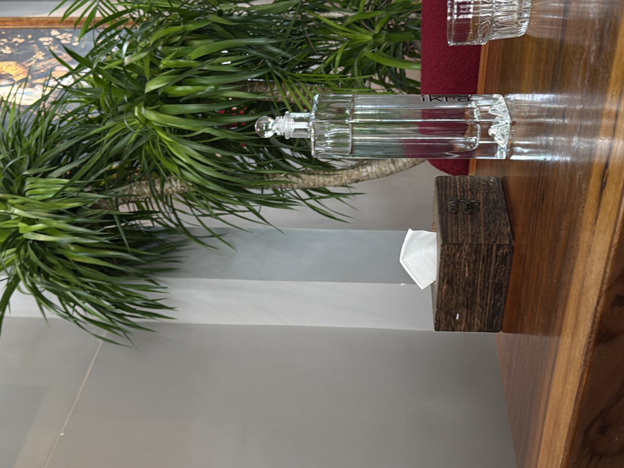 An indoor shot captures a wooden table surface in a city setting, likely Đà Nẵng, Vietnam. To the left, a small, dark wooden tissue box with a visible tissue emerges from the top. To the right, a clear glass decanter filled with a light-colored liquid stands tall, its surface reflecting the ambient light. Next to the decanter, a clear glass tumbler with a fluted design is visible. In the background, lush green foliage from a large plant dominates the scene, with a hint of a framed artwork on the wall. The environment suggests a calm, possibly domestic or hospitality space.