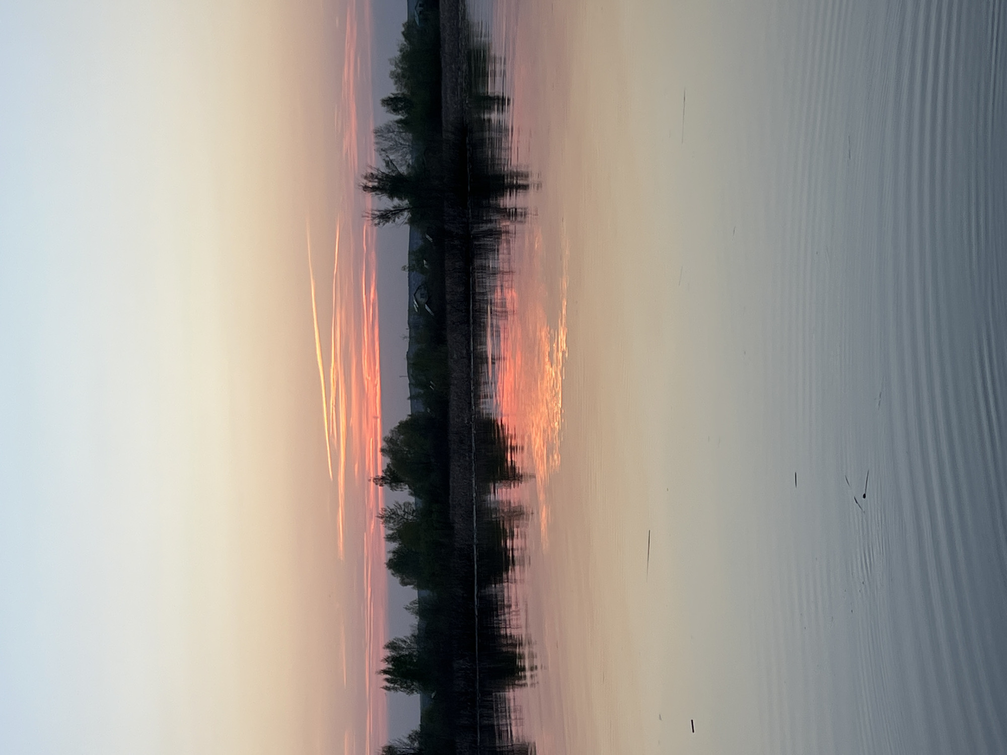 The image depicts a serene scene at twilight, most likely in Borovoye Matyushino, Russia, judging by the landscape and likely presence of lakes/rivers. The sky transitions from a light blue to a soft gradient of orange and pink hues, indicating either sunrise or sunset. Several distinct contrails are present in the sky, appearing as straight lines of condensed water vapor, suggesting recent air traffic activity.
A dark line of trees and shrubs, seemingly growing along the bank of a body of water, stretches across the horizontal center of the image. These trees cast a dark reflection onto the water's surface, which is itself calm with minimal ripples. The reflection mimics the color of the sky, creating a mirror-like effect.
The water's surface is largely smooth but textured with small ripples towards the edge. There are scattered dark specks on the water, possibly debris or small insects floating on the surface.