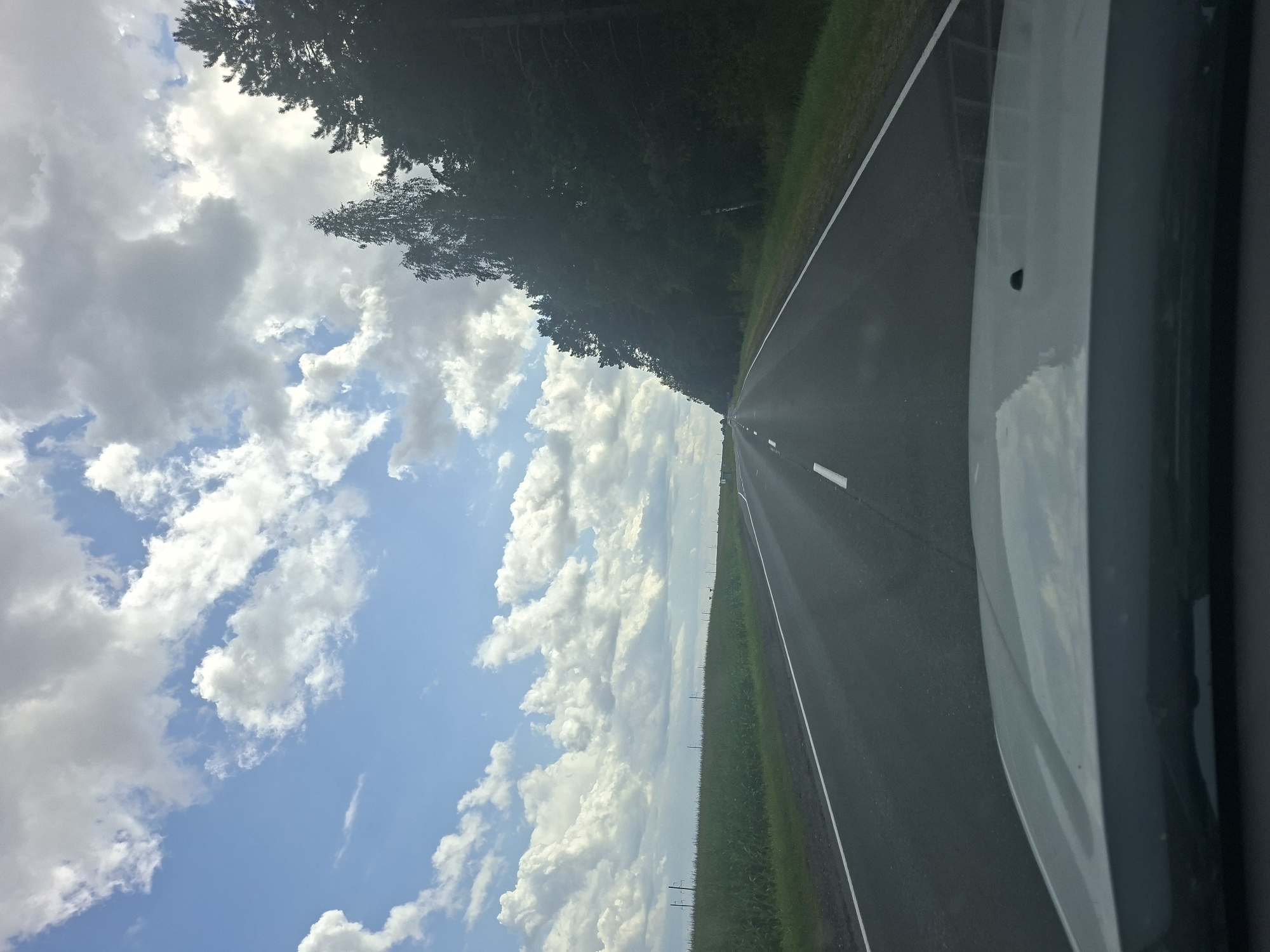 The image depicts a view from the inside of a vehicle traveling on a paved road through a rural landscape. The road stretches into the distance, marked with white lines. To the left of the road is a field of green crops, likely corn, extending to the horizon. To the right, a dense line of trees, primarily coniferous and some deciduous, borders the road. The sky above is a mix of blue and white clouds, with some darker, heavier clouds suggesting potential weather. The foreground shows the hood of the car and a small, dark object, possibly a raindrop or speck of dirt, on the hood. The scene appears to be located in an agricultural area with a forest line, consistent with the description of Каменналаўскі сельскі Савет, Belarus. There are no people or animals visible in the image. The overall impression is one of a scenic drive through the Belarusian countryside on a partly cloudy day.