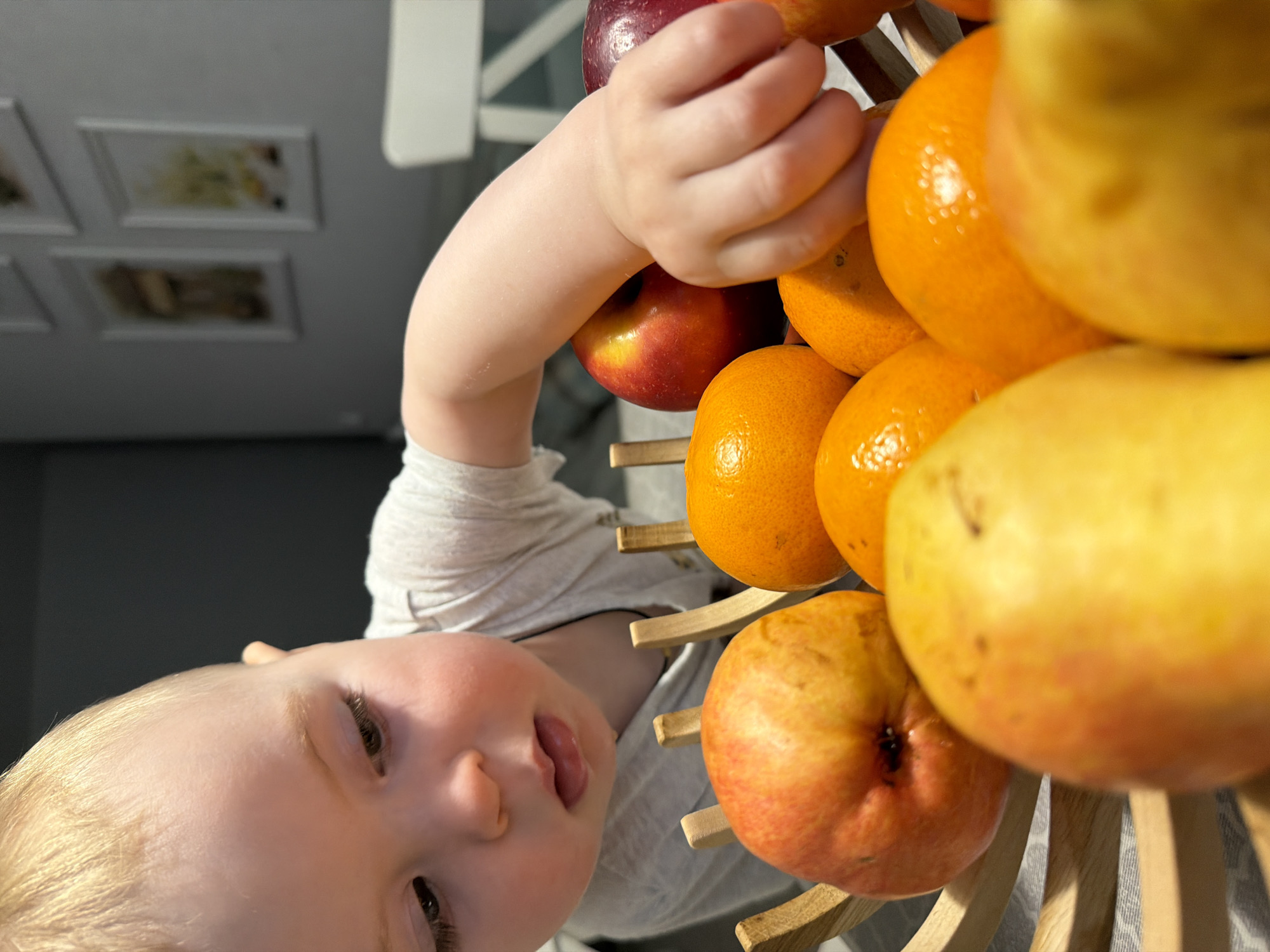 A close-up, low-angle shot depicts a fair-skinned baby with blonde hair reaching into a wooden fruit stand filled with oranges, apples, and pears. The baby's hand is grasping at the fruit. The background includes a gray wall and framed artwork. The location and city details are not evident in the image.