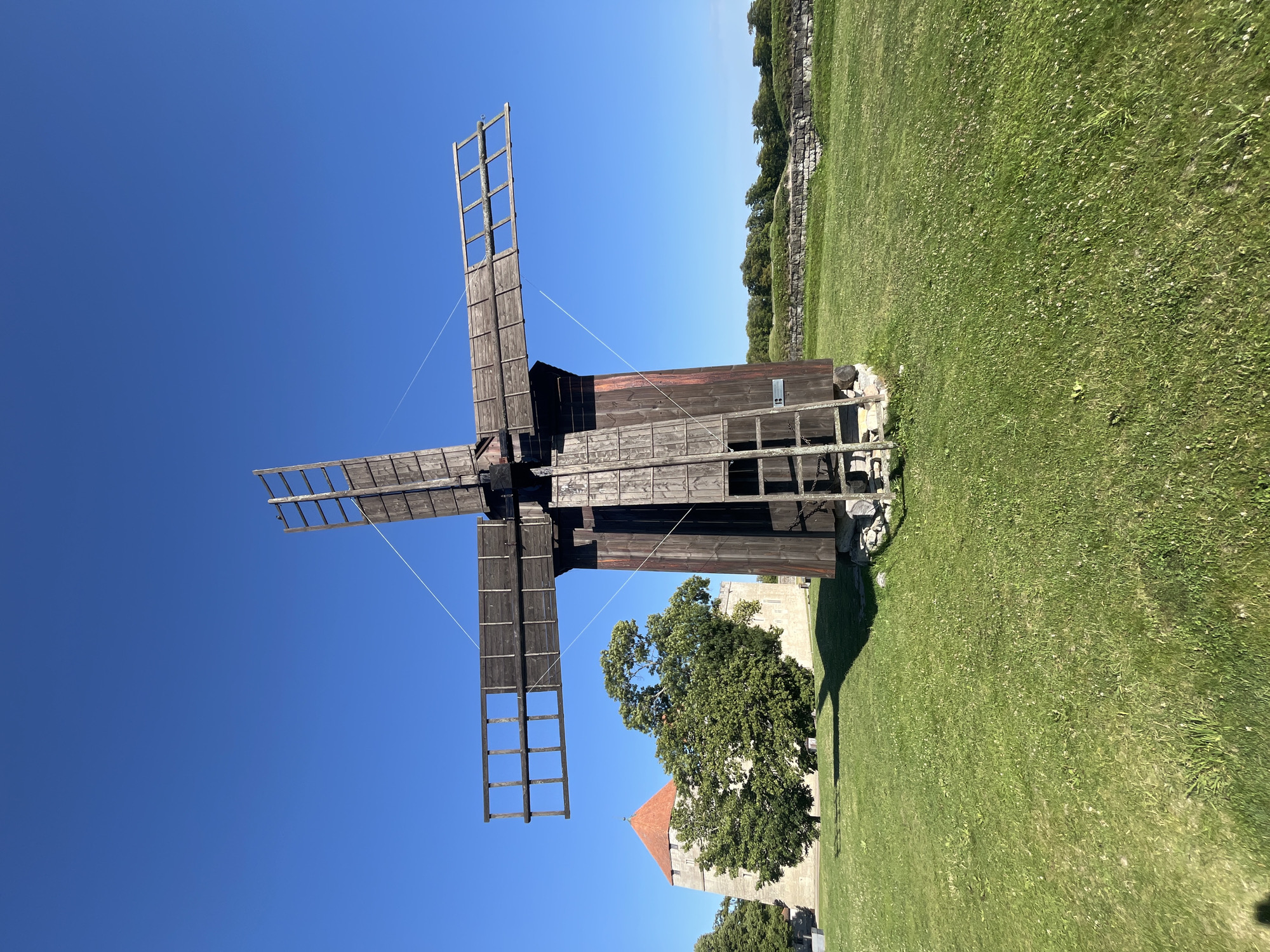 An old, dark wooden windmill stands prominently in the foreground under a clear blue sky. The windmill has four large, wooden blades, two of which are partially visible. A ladder is attached to the side of the windmill. To the left of the windmill, a historic stone building with a red-tiled roof, resembling a tower or part of a castle, is visible. A large, lush green tree stands between the windmill and the building. The ground is covered in vibrant green grass. In the background, a low stone wall and a line of trees can be seen. The scene appears to be an outdoor historical site. This is the windmill located at the Kuressaare Episcopal Castle, in Kuressaare, Estonia.