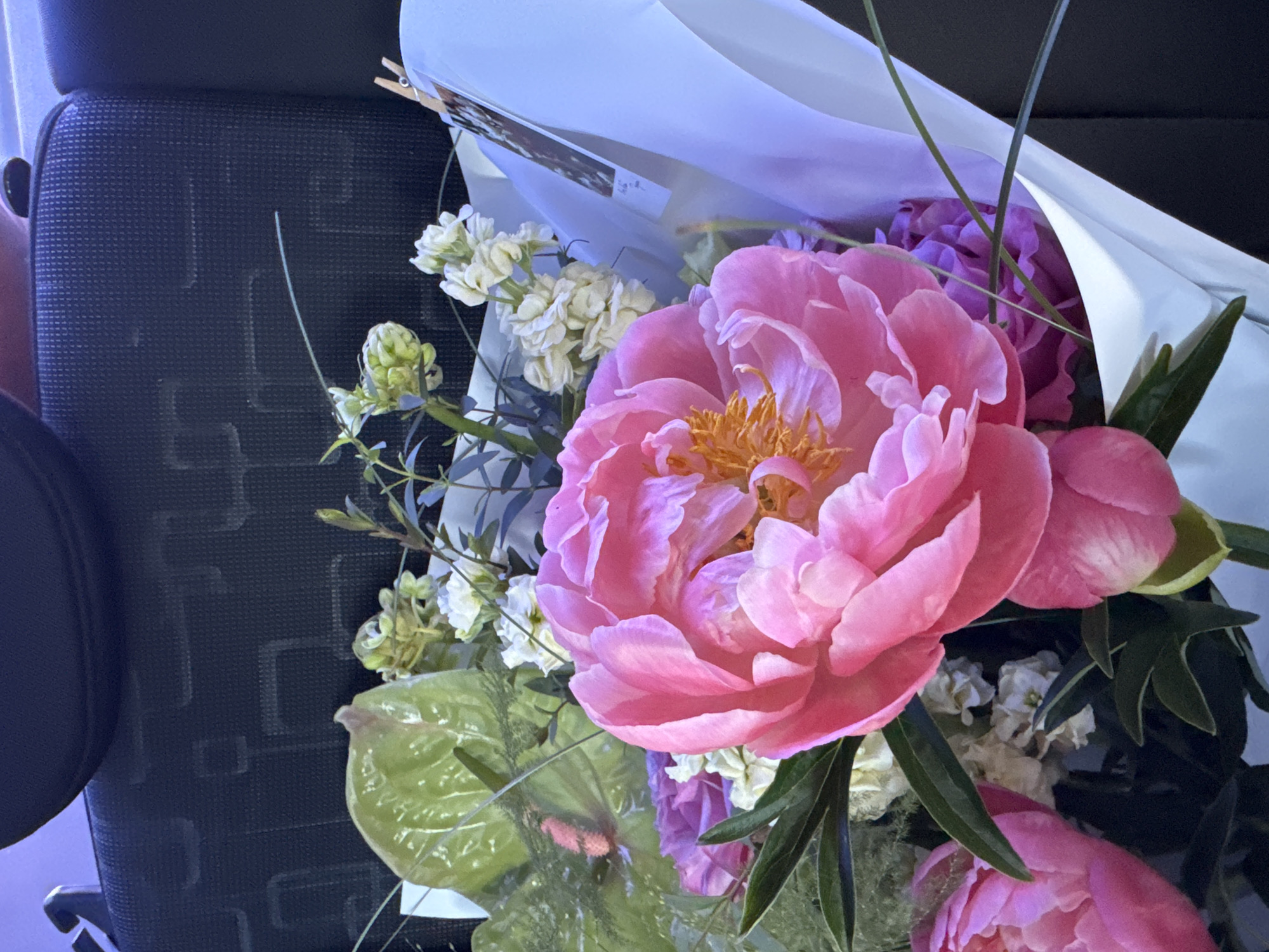 This media file captures a close-up view of a bouquet of flowers, predominantly featuring a large pink peony in the foreground. The peony's petals are a vibrant shade of pink, with a contrasting orange-yellow center. Surrounding the peony are smaller white flowers with yellow centers, delicate green foliage, and hints of purple flowers further back, suggesting a variety of blooms within the arrangement. The bouquet is wrapped in white paper, which is partially unfurled, revealing a glimpse of some greenery and possibly other floral elements within.
The background is dark and textured, appearing to be the seat of a dark fabric chair or similar upholstery, with a subtle grid pattern visible. A thin, light-colored stem or leaf extends vertically across the frame from the left side. The lighting suggests an indoor setting, possibly with natural light casting soft shadows. There are no discernible people or animals in the frame.
The overall impression is one of beauty and freshness, focusing on the intricate details of the floral arrangement. The composition highlights the texture and color of the flowers. No text is clearly visible in the image. The location context of Izhevsk, Russia, does not provide any specific visual cues within the image itself.