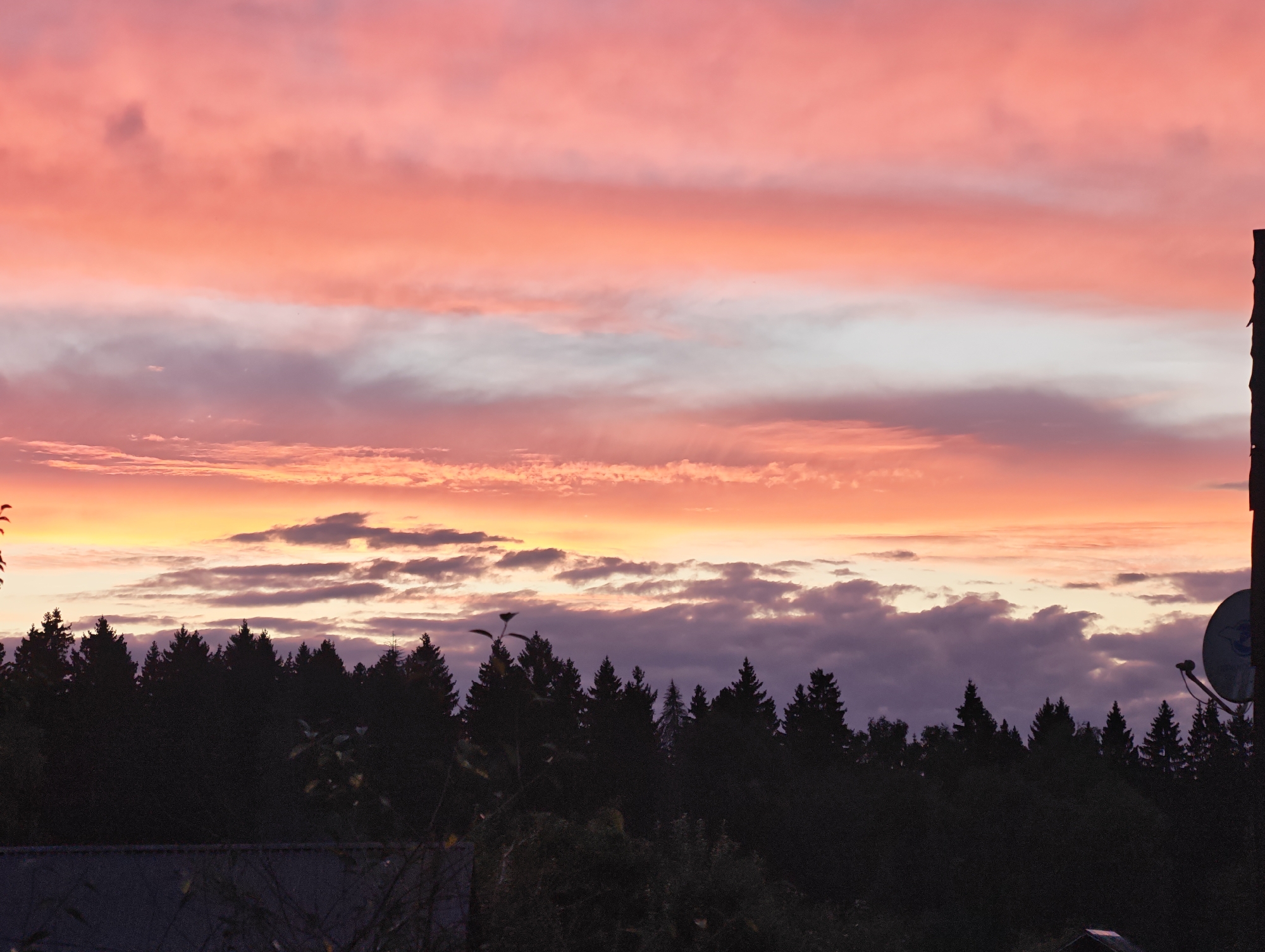 The image depicts a sky filled with colorful clouds during what appears to be sunset or sunrise, with hues of pink, orange, and purple dominating the upper portion. A dark silhouette of a dense forest lines the horizon, with the tops of evergreen trees forming an uneven line against the vibrant sky. In the foreground, partially visible, are the dark silhouettes of rooftops and foliage, suggesting a residential area. To the far right, a portion of a dark, vertical structure, possibly a building or chimney, is visible, and a satellite dish is mounted on it. The location is identified as Raduga SNT, Russia.