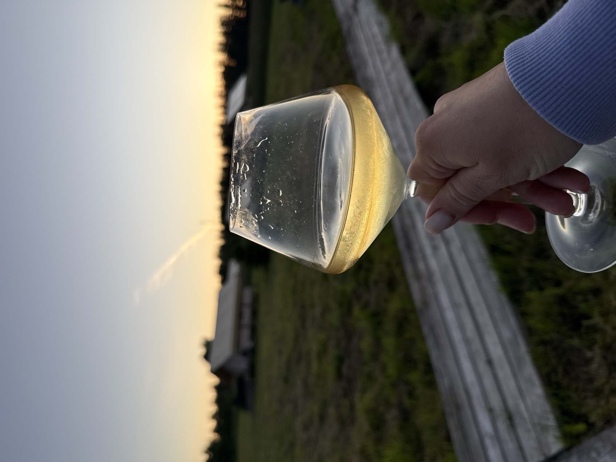 A hand holds a wine glass filled with a pale yellow liquid, condensation visible on the outside of the glass. The background depicts an outdoor scene at dusk, with a clear, pale blue sky transitioning to a warm orange glow near the horizon. In the middle distance, a long, low-slung building with a white roof sits amidst a grassy field, bordered by trees in the background. A wooden boardwalk runs diagonally across the foreground. The image appears to be taken in the vicinity of Zamosh'e (Zaklinskoe S/P), Russia.