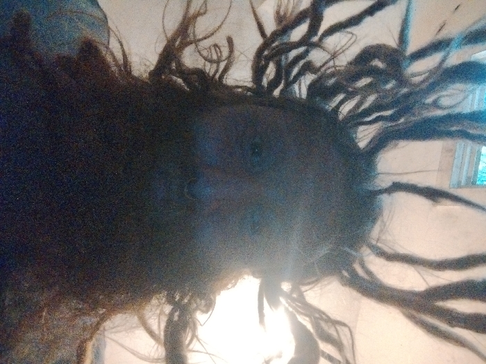 The image displays an inverted view of a single human subject. The subject's head occupies the central and upper portion of the frame. The face is largely silhouetted and underexposed due to a prominent light source positioned directly behind it, which dominates the upper background. Two faint reflections consistent with eyes are visible within the darkened facial area. The subject has dark, matted hair in the form of dreadlocks, which extend downwards from the head, fanning out across the lower half of the frame. The background appears to be an interior wall or ceiling, predominantly light in color. In the lower right, partially obscured by the dreadlocks, a rectangular opening is visible, through which a blurry blue and green area can be observed. The environment is consistent with an indoor setting. The image contains no visual information that allows for the determination of a specific location within the city of Grand Rapids, United States.