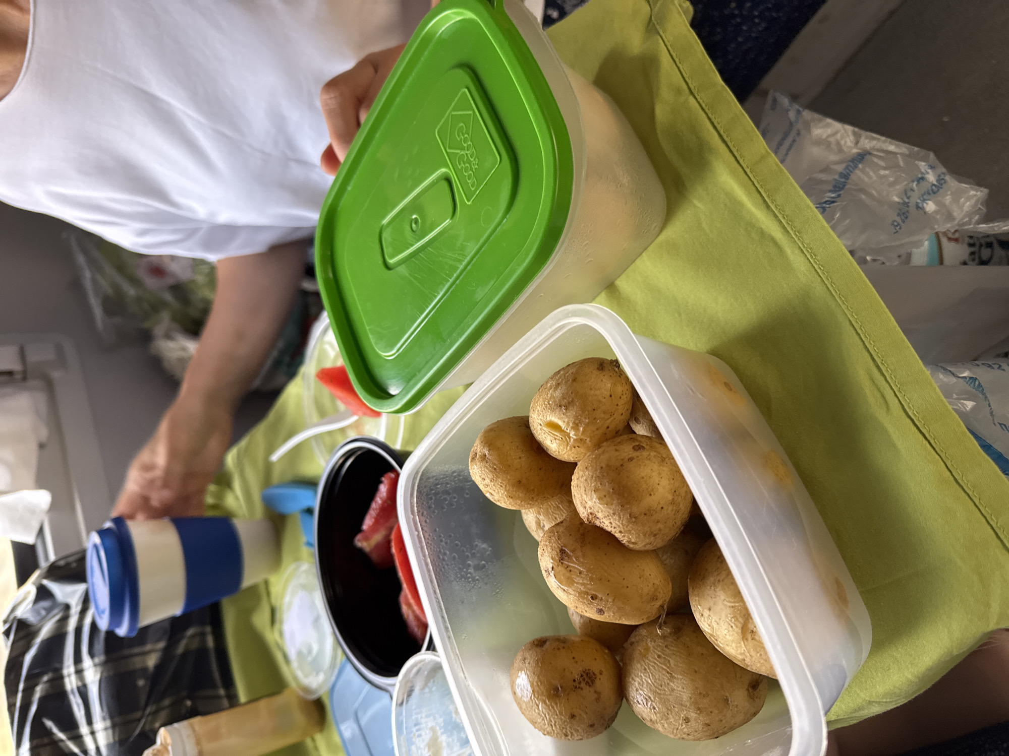 The image depicts a close-up, overhead view of a meal laid out on a light green cloth. In the foreground, a clear plastic container holds a pile of small, boiled potatoes. To the right, another clear plastic container with a bright green lid is positioned, appearing to hold a light-colored substance, possibly rice or a creamy salad. To the left, a black bowl contains sliced red tomatoes. Behind these, a white disposable cup with a blue silicone band and a blue lid is held by a person's hands, with a white t-shirt visible on the person. A yellow bottle with a white cap is also visible to the far left. The background is blurred, suggesting an indoor setting, possibly on a train or plane given the condensation on the green-lidded container and the presence of a seat cushion in the lower right corner. There is no specific indication of the city of Oskemen, Kazakhstan.