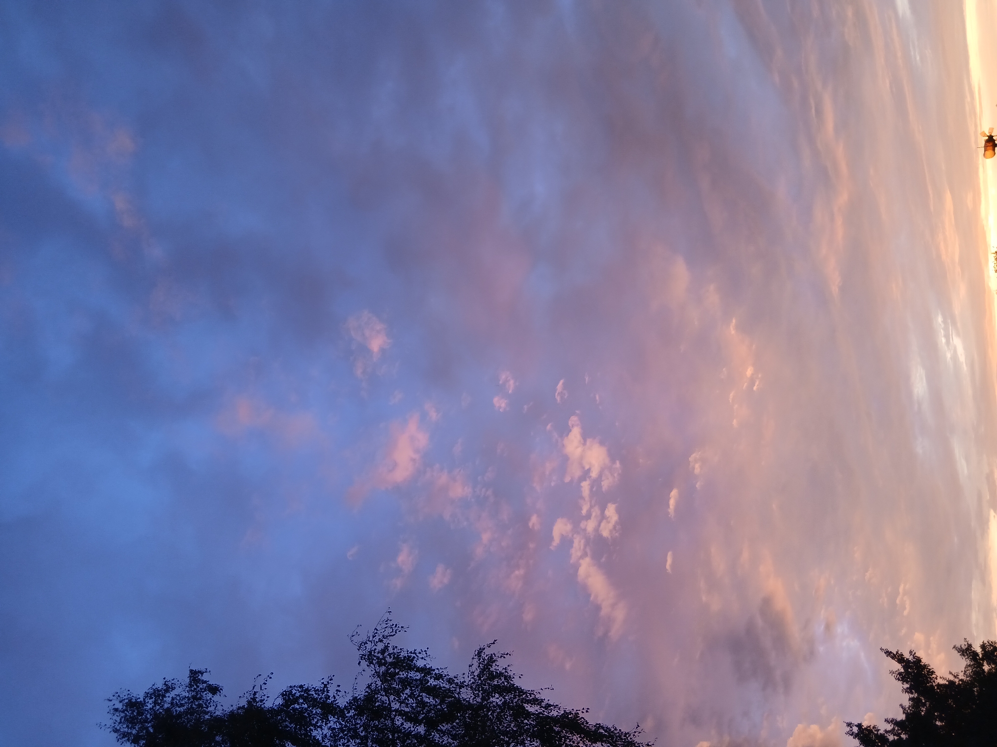 The image shows a sky with clouds at dusk or dawn, exhibiting hues of deep blue, purple, pink, and orange. Silhouetted against the sky on the left side of the frame are the tops of trees. In the lower right corner, a small portion of a structure with an antenna or similar element is visible. The overall scene is that of an outdoor sky scape.