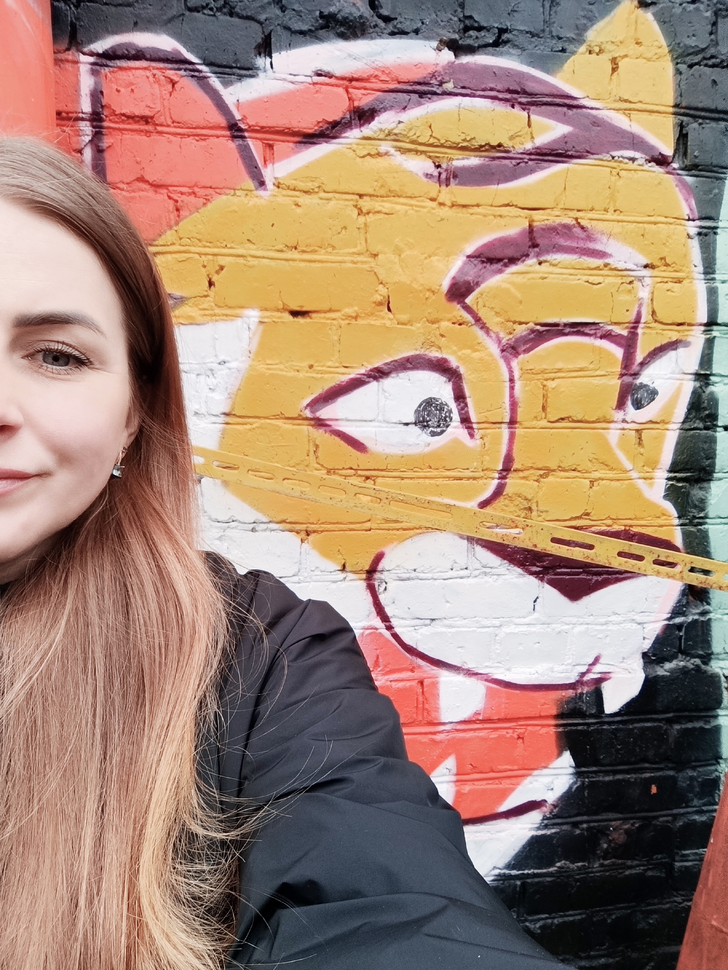 The image is a close-up selfie of a woman taken outdoors against a vibrant graffiti mural on a brick wall. The woman is positioned on the left side of the frame, with her face, flowing reddish-brown hair, and the top of her black jacket visible. She has light skin, a visible left eye with a calm expression, and a slight, pleasant smile. A small, dark earring is visible on her left ear.
The background is dominated by a colorful graffiti art piece depicting a stylized animal face, resembling a tiger or lion. The animal's face is primarily yellow with thick dark outlines, possibly maroon or dark red, defining its features, including large white eyes with black pupils. The brick wall beneath the graffiti is painted in various colors, including sections of orange, red, black, and white, with a touch of light green visible on the far right.
A distinct yellow, horizontally striped object, which appears to be a piece of tape or thin construction material, is stretched across the lower part of the graffiti animal's face, partially covering its mouth and lower jaw area. The brick texture of the wall is visible beneath the layers of paint. The lighting suggests it is daytime, with no harsh shadows, possibly indicating an overcast sky. There is no visible text in the image.
