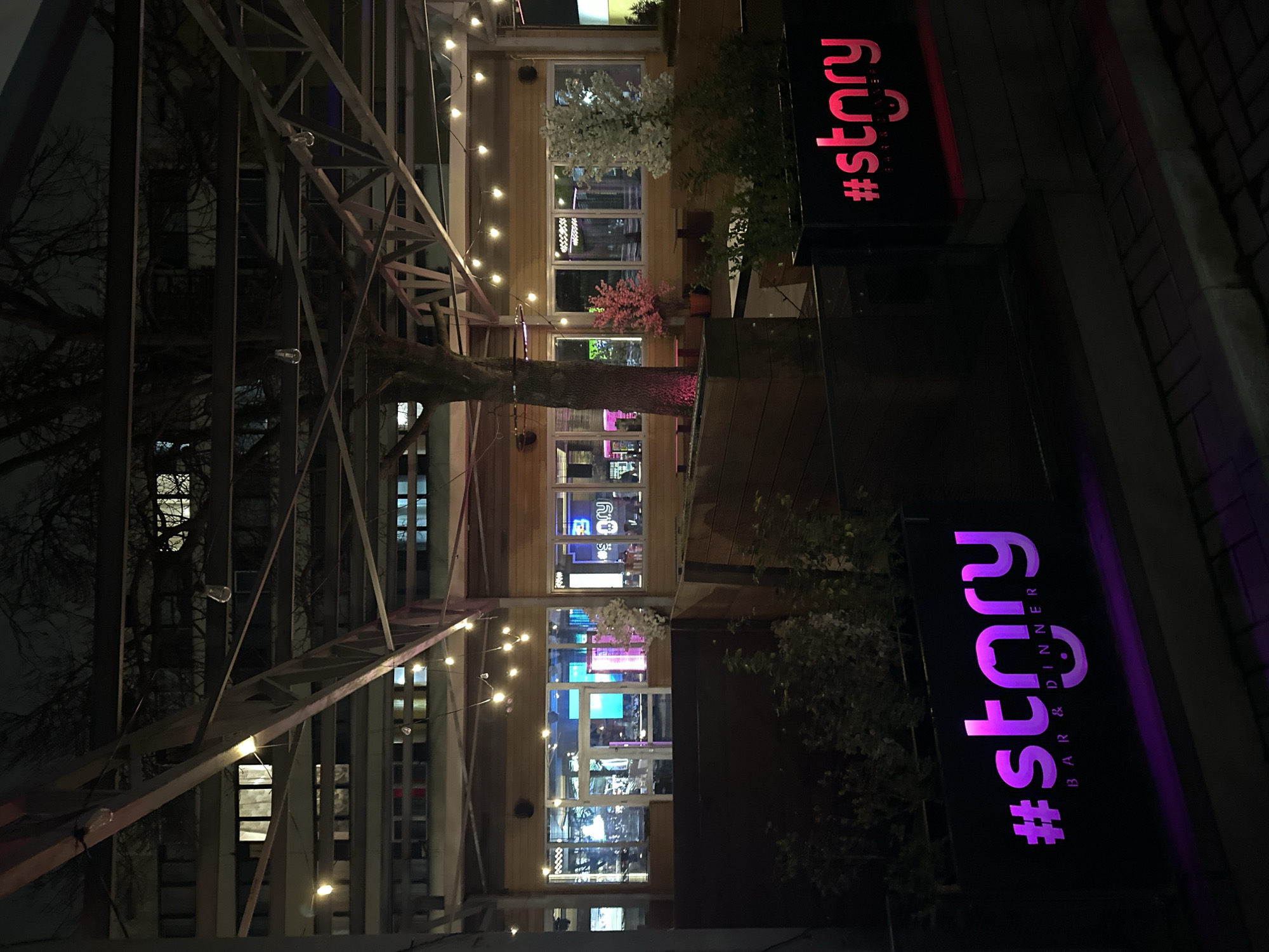 The image shows the exterior of #story bar & dinner in Sofia, Bulgaria at night. The bar is located in a building with a wooden facade and large windows. The building is decorated with lights and greenery. There is a metal structure with bare trees in front of the building. The bar's sign is lit up in pink. There are no people visible in the image.