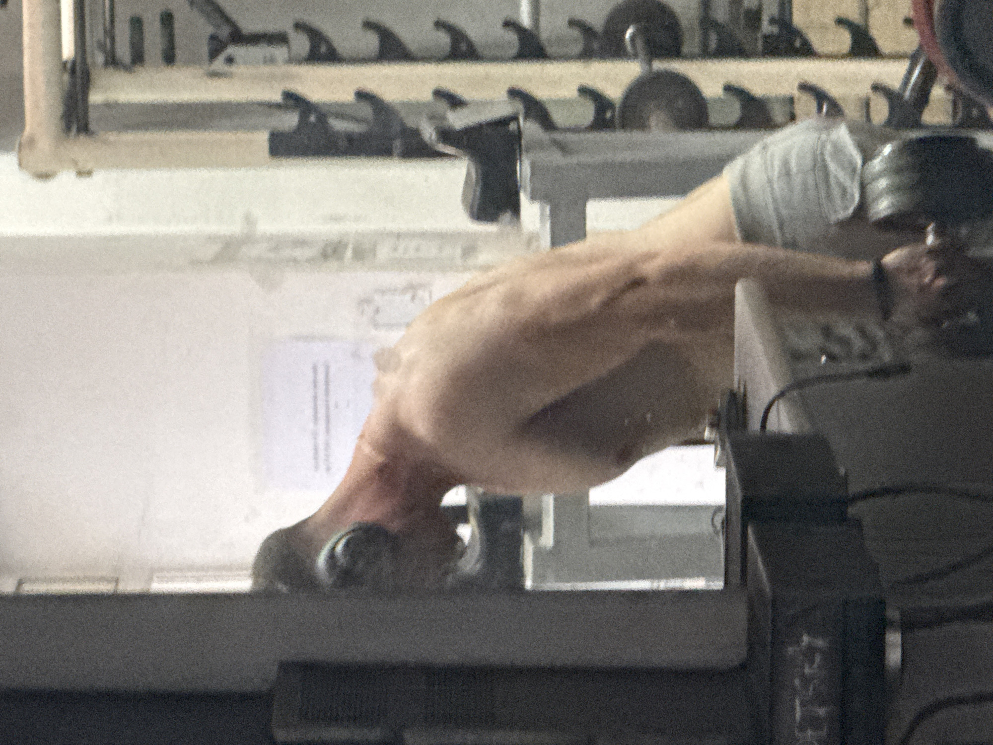 The image shows a man in a gym, wearing grey shorts and headphones. He is holding a dumbbell in his right hand, performing a bicep curl. The gym appears to be a standard fitness facility with weight racks and other equipment visible in the background. The man's body is muscular, indicating he is engaged in weight training. The environment suggests an indoor setting, likely a commercial gym. No specific landmarks or elements are visible to pinpoint the exact location within Shumen, Bulgaria.