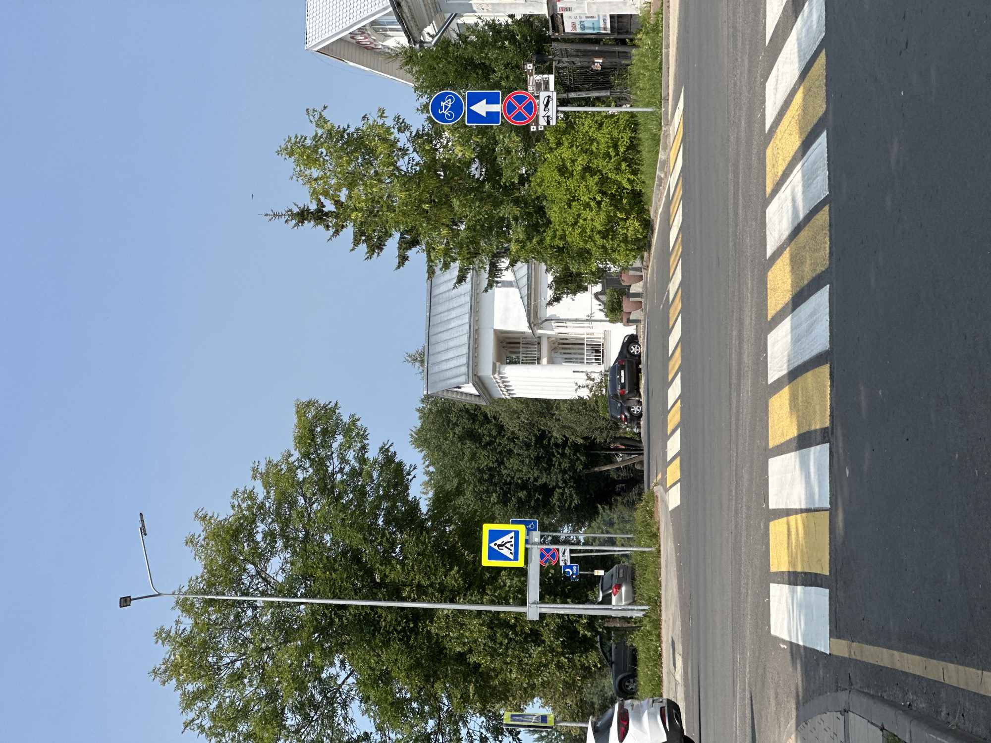 The image depicts a street scene in Vasil'ki, Russia, on a clear, sunny day. A pedestrian crossing, marked with alternating white and yellow stripes, is prominent in the foreground. Several vehicles are present: a white car on the left, a dark grey car in the middle ground, and a black car on the right. Traffic signs are visible on both sides of the road. On the left, a yellow square sign with a black pedestrian symbol indicates a crosswalk. On the right, a series of signs includes a blue circular sign with a white bicycle, a blue square sign with a white upward-pointing arrow, a red circular sign with a red diagonal bar over a red X, and a white rectangular sign with a red border depicting a car being towed. Trees and buildings line the street. A streetlight stands on the left side of the road.