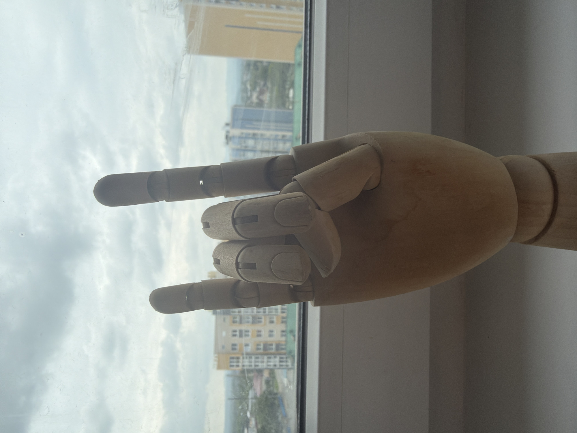 A wooden artist's mannequin hand is shown in the foreground, making the "rock on" gesture with its index finger and pinky extended, and its thumb, middle, and ring fingers curled. The hand is positioned in front of a window, through which a cloudy sky and a cityscape are visible. The cityscape features several multi-story buildings of varying architectural styles and colors, with some greenery and distant hills. The setting appears to be an indoor space, possibly a room, with a white windowsill. The image is taken from a medium-low angle, with the mannequin hand being the primary subject.