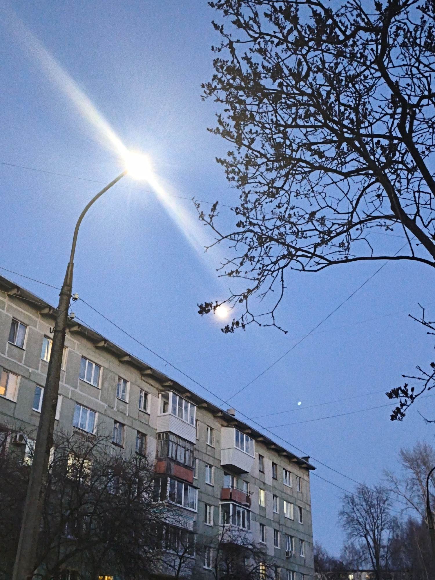 The image depicts an evening scene in what appears to be a residential area in Chaikovsky, Russia. A gray, multi-story apartment building with balconies is visible. A street light illuminates the scene from the left, creating a bright glare. Bare tree branches are silhouetted against the blue sky. A faint crescent moon is visible in the upper right of the frame. Power lines are strung across the sky.