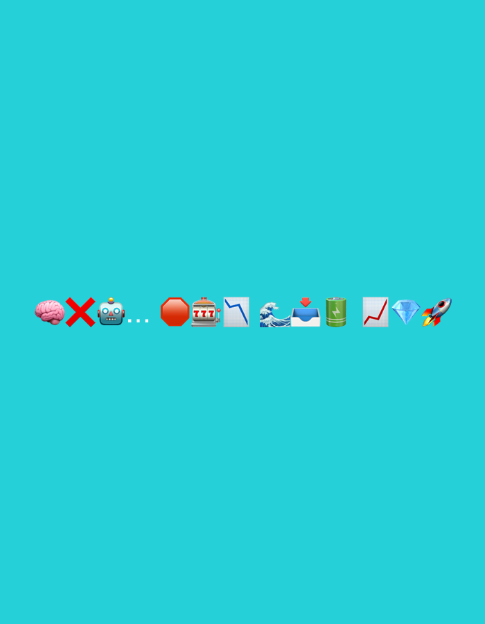 The image displays a series of emojis arranged horizontally against a teal background. From left to right, the emojis are: a brain, a red cross mark, a robot head, three dots, a stop sign, a slot machine, a downward trend graph, a wave, an envelope with a heart, a battery charging, an upward trend graph, a diamond, and a rocket. The image is not a photograph and therefore does not depict any location in Odesa, Ukraine, nor does it contain any people, subjects, objects, actions, or interactions in a literal sense.