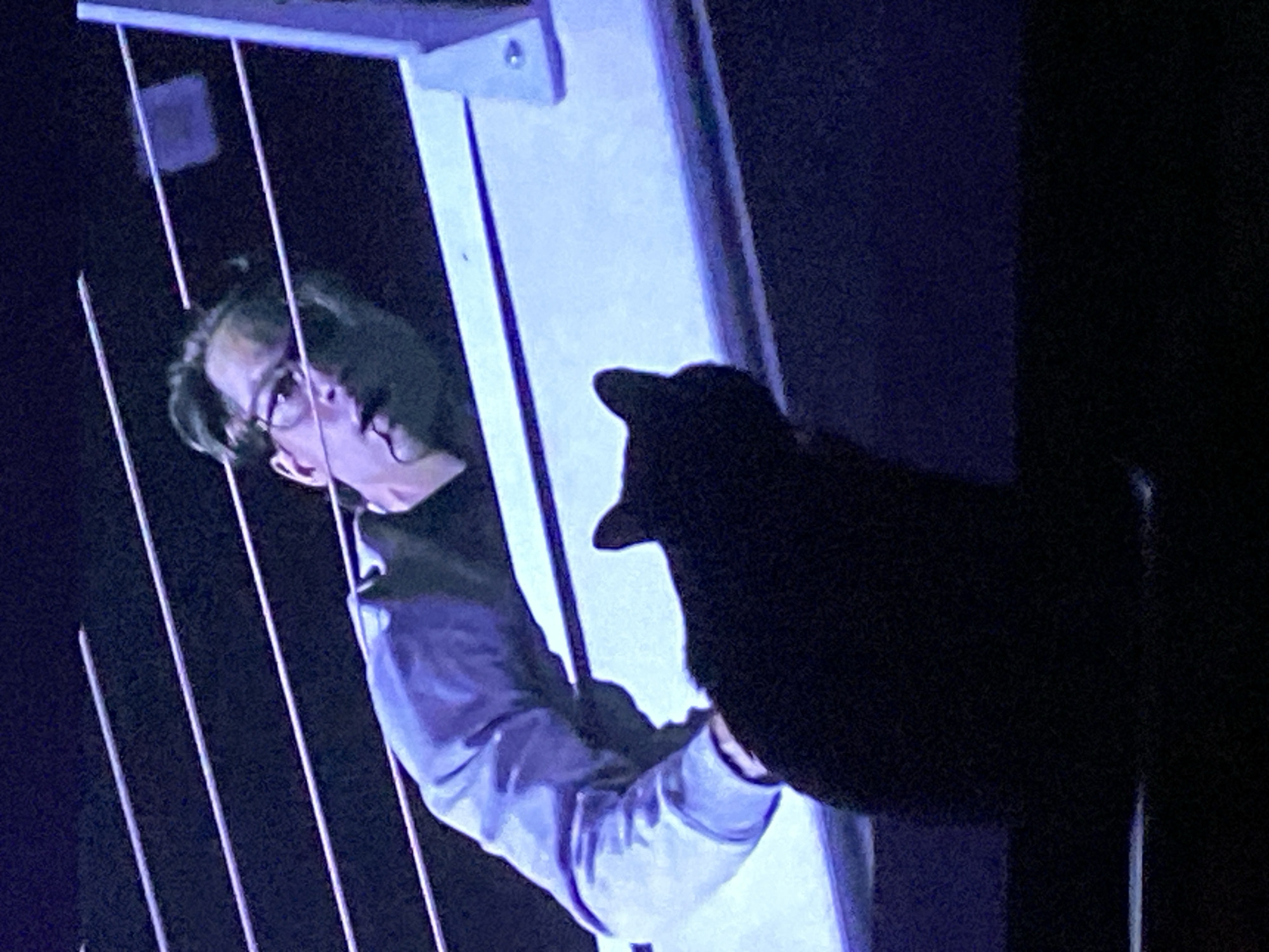 A photograph taken indoors shows a person with glasses and light skin looking off to the left. They are standing behind a structure made of vertical metal bars. To the right of the person, a dark, silhouetted figure is present, resembling an animal with pointy ears. The background is dark and the light is dim. The image is of poor quality. The person is wearing a long-sleeved shirt. It is not possible to determine the location as Chaikovsky, Russia from this image alone.