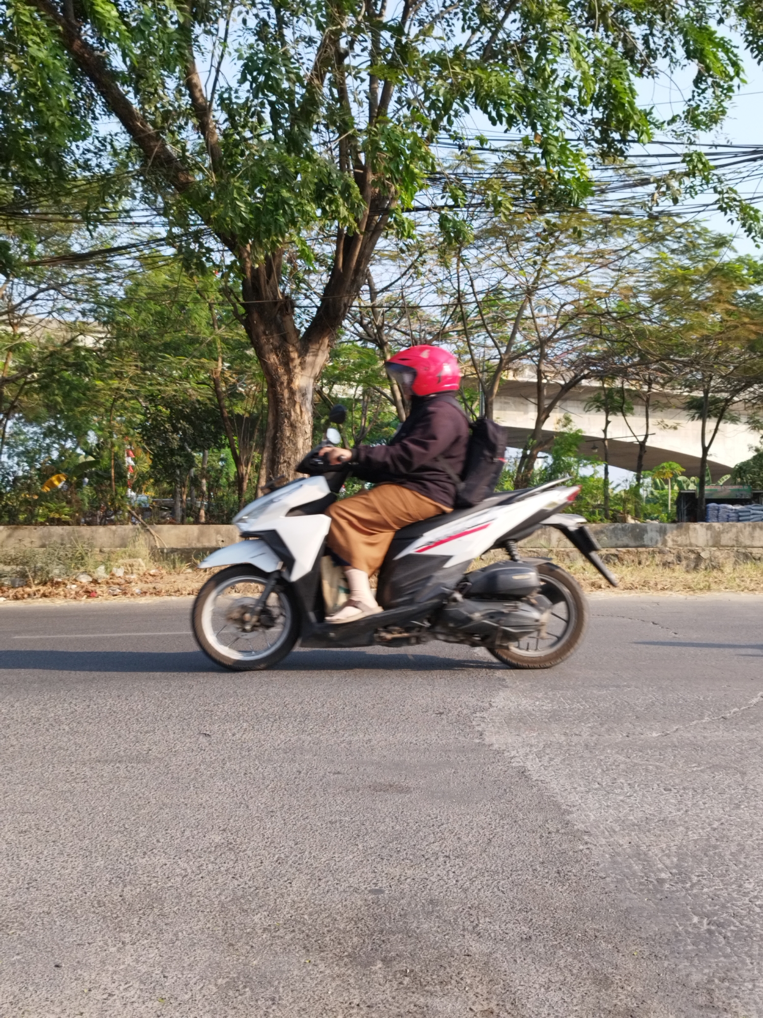 A person wearing a bright pink helmet, a dark jacket, and brown pants rides a white and red scooter down a paved road. The scooter has a black backpack strapped to the back. The person is on the right side of the frame, in profile, facing left. The road is grey and appears to be in good condition, with a clear lane marking. Tall trees with green leaves line the right side of the road. In the background, there is an elevated concrete structure, possibly a bridge or overpass, with more trees and some buildings visible. The sky is clear and blue. The overall scene suggests a sunny day in an urban or suburban environment.