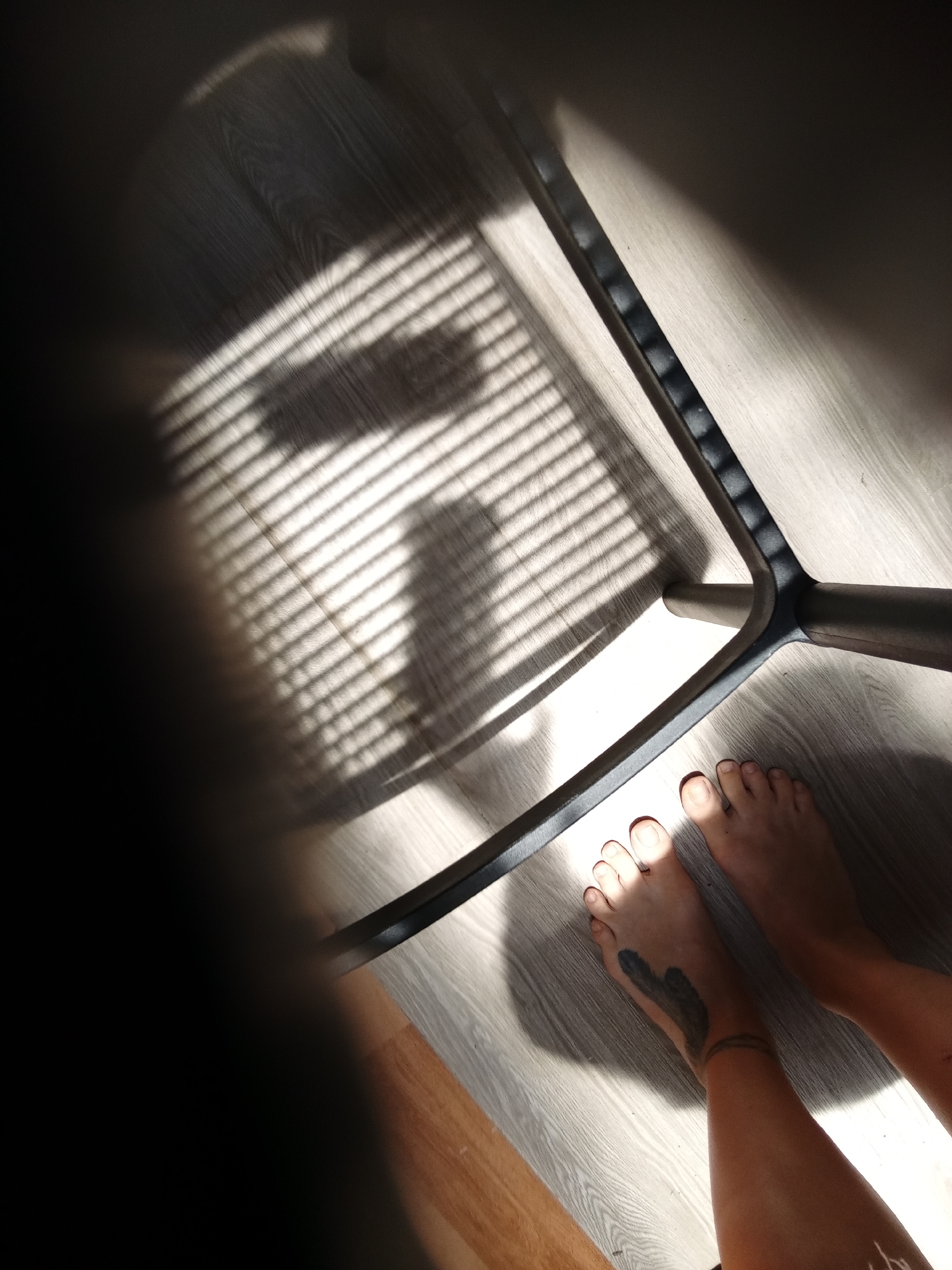 A high-angle shot depicts a section of a room where light streams through blinds, casting striped shadows on a light-colored wooden floor. The legs of a chair are visible, and a pair of bare feet are present on the floor, with a tattoo visible on one ankle. The location is unknown.
