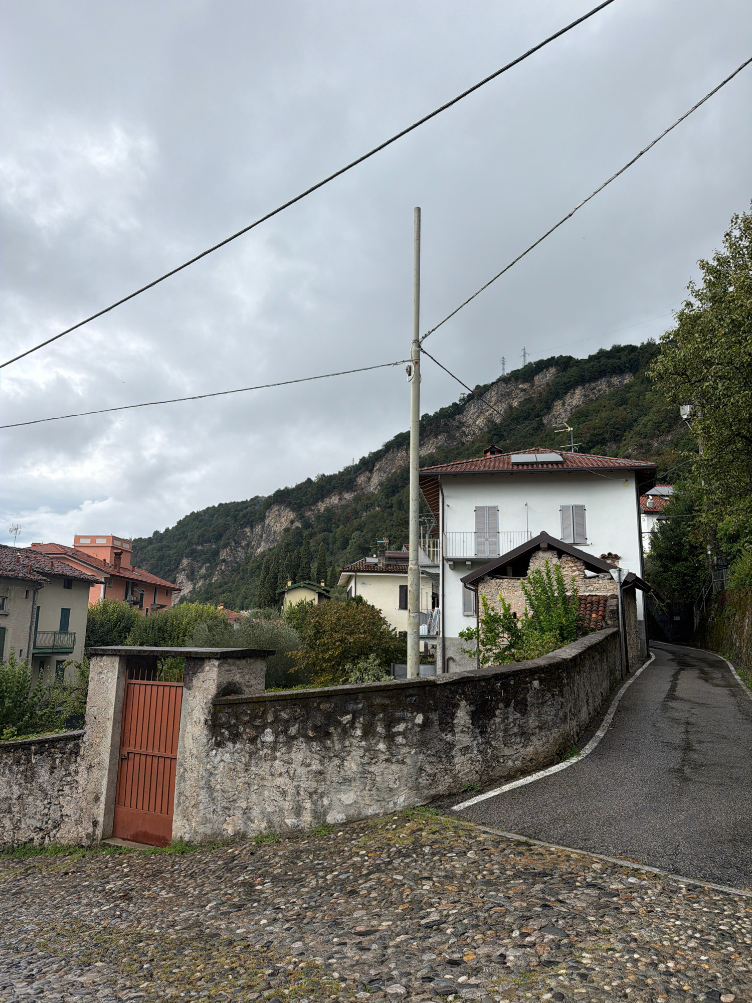 The image depicts a view of a paved street in the town of Mandello del Lario, Italy, with houses and a steep, tree-covered mountainside in the background. The sky is overcast. In the foreground, a cobblestone path transitions to an asphalt road. A stone wall with a red metal gate lines the left side of the road. Beyond the wall, a white house with gray shutters and a balcony is visible, along with other residential buildings. The road curves to the right and disappears into the distance, with more trees and foliage on the right side. Overhead, power lines stretch across the frame.