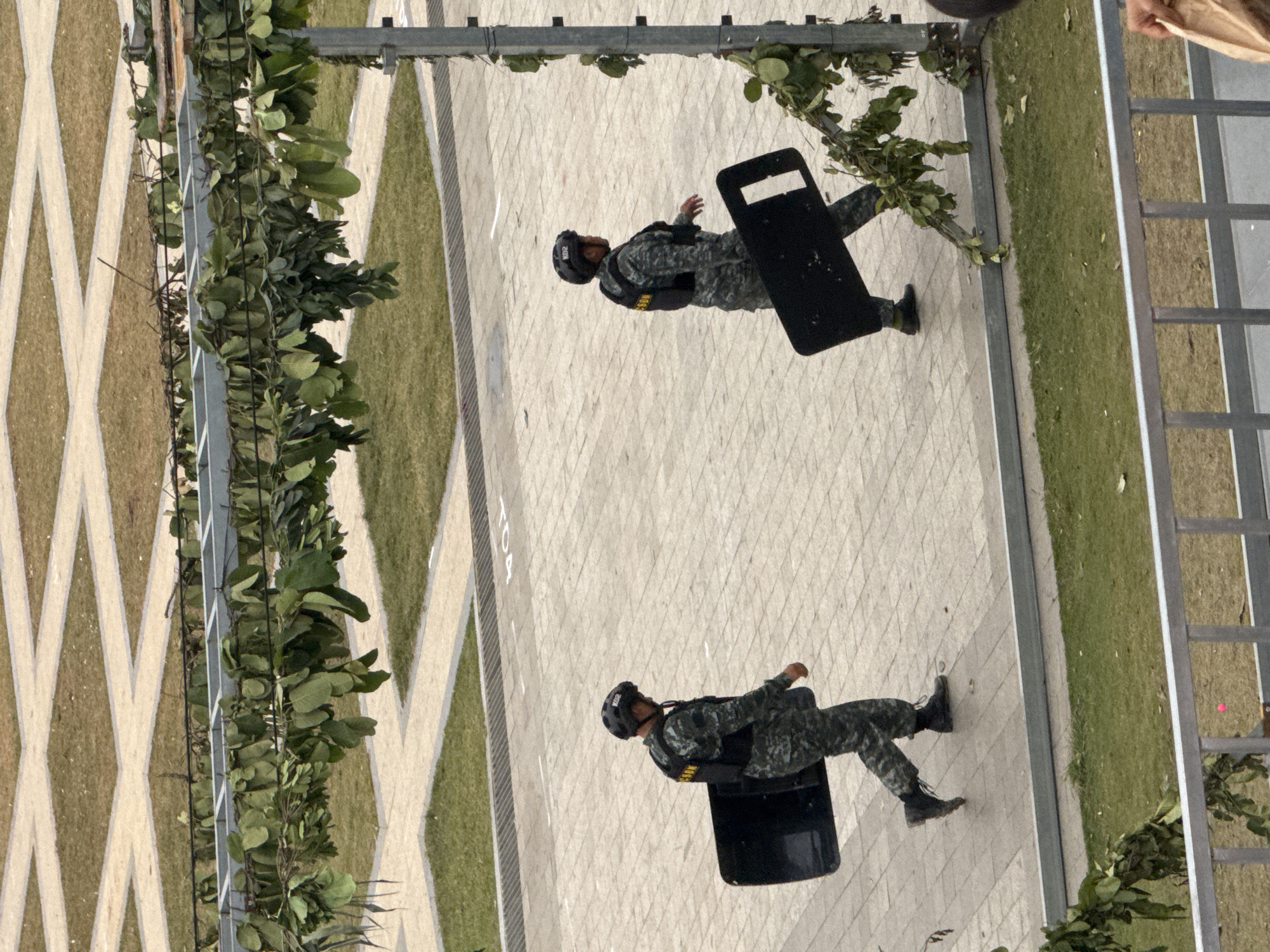 The image shows two individuals in tactical gear, each holding a riot shield. They are positioned on a paved area with a patterned surface. Green foliage, likely part of a decorative border, is visible along the left and right edges of the frame. The scene appears to be outdoors, with the lighting suggesting it is daytime. The individuals are dressed in camouflage uniforms and helmets. One individual is in the upper right portion of the frame, facing away from the camera and holding a shield. The other individual is in the lower portion of the frame, facing towards the camera and also holding a shield. The setting seems to be a public space or an area with security presence. There are no discernible weather conditions or specific location cues in the image, other than the provided context of Da Lat, Vietnam. No explicit emotions are conveyed by the subjects. No visible text is legible in the image.