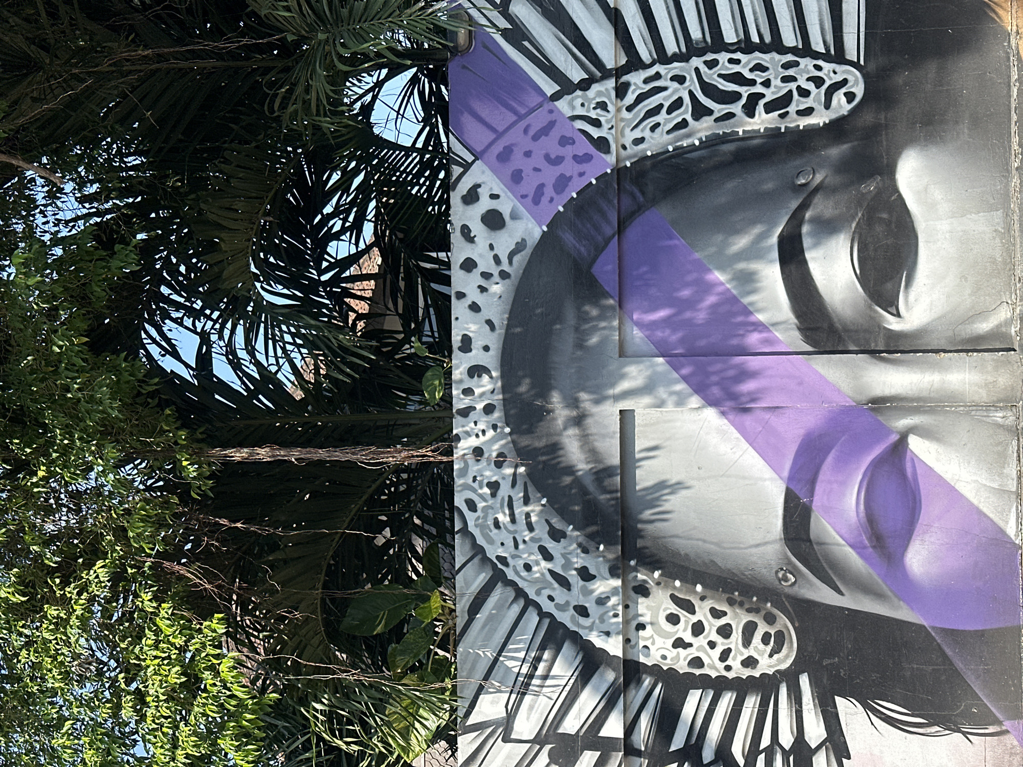 The image shows a close-up of a mural on a wall, featuring a stylized depiction of a person's face with closed eyes and prominent eyebrows. The mural uses a grayscale palette with vibrant purple accents in the form of diagonal stripes across the face. The face is adorned with an elaborate headdress or hairstyle that is rendered in a black and white spotted pattern and also features a segmented, striped design. The wall itself appears to be made of metal or a similar material, with visible seams and some texture. Above the mural, lush green foliage, likely from trees and palm fronds, hangs down, creating a natural canopy. The sunlight filters through the leaves, casting shadows on the mural. In the background, a roof with terracotta tiles is partially visible, suggesting it is an outdoor setting. This mural is located in the city of North Kuta, Indonesia.